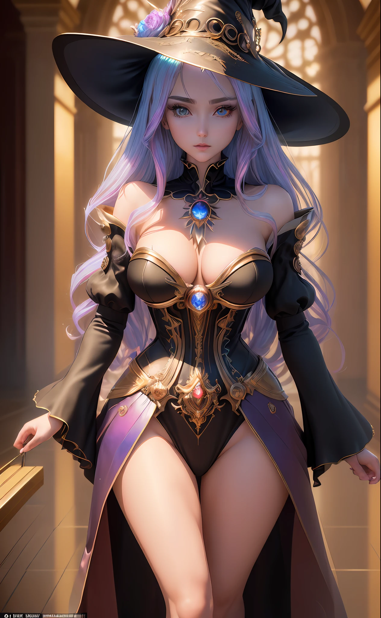 ((Best Quality: 1.4), (Masterpiece), (Ultra Detail), (Ultra Fine Illustration), (Ultra High Resolution), (Photorealistic: 1.4), RAW Photos,, (Half-Body Shot from Head to Thigh: 1.4), (Anime Wife Style Witch), Amazingly Bewitching, Amazingly Beautiful, Highly Detailed Clothes, Dense Makeup, Clean Face, Amazingly Clean Eyes, Ethereal Background, Highly detailed beautiful iridescent hair, hourglass-like body shape, 8 life-size, cinematic, highly detailed hairstyle, perfect anatomy, symmetrical and balanced, 3D rendering, octane number rendering, close to perfect, Beautiful bewitching eyes, beautiful gradient, sharp focus, 4K resolution, golden ratio, central image, beautiful composition, symmetrical and balanced,