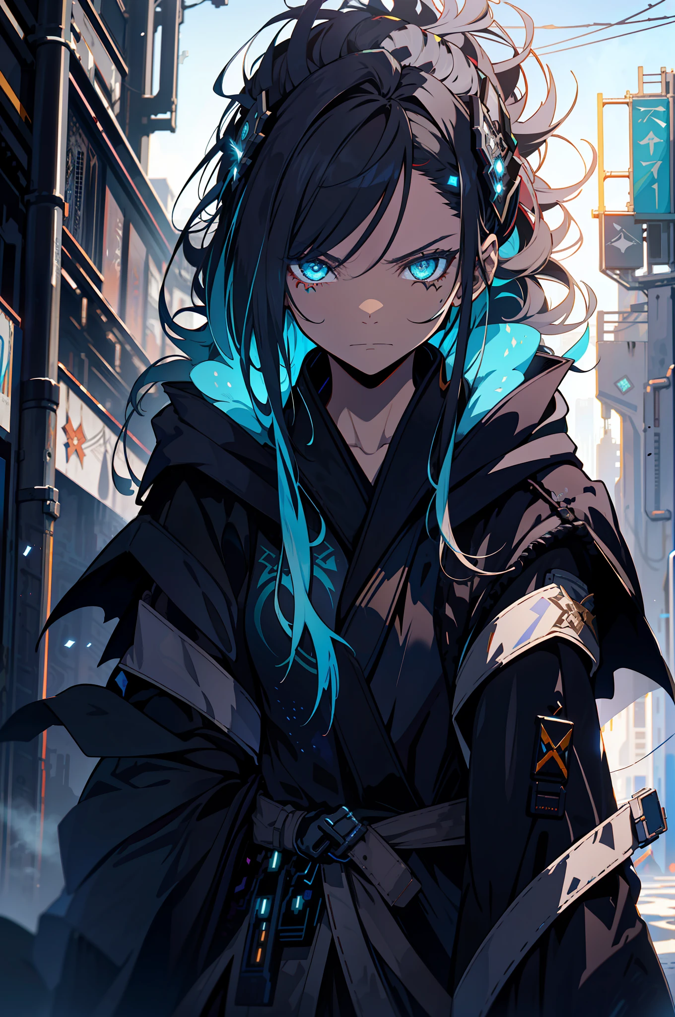 Cyberpunk female, fantasy world, dark background, clean design, epic instagram, artstation, colorful paint splatter, silhouette, hyper detailed intricate details, unreal engine, fantasy, intricate details, splash screen, complementary colors, Fantasy concept art, 8k resolution, deviantart masterpiece, oil painting, heavy strokes, paint dripping, (isolated on white background: 1.3), rainbow skin, (((beautifull girl))), ((teenage:1.5) ), (glowing blue eyes), ((light eyes)), ((((long hair: 1.1))), ((black clothes)), (princess\\(indifferent expression\\),, ( ((Wears high detail luxurious black robe))), skirt,
