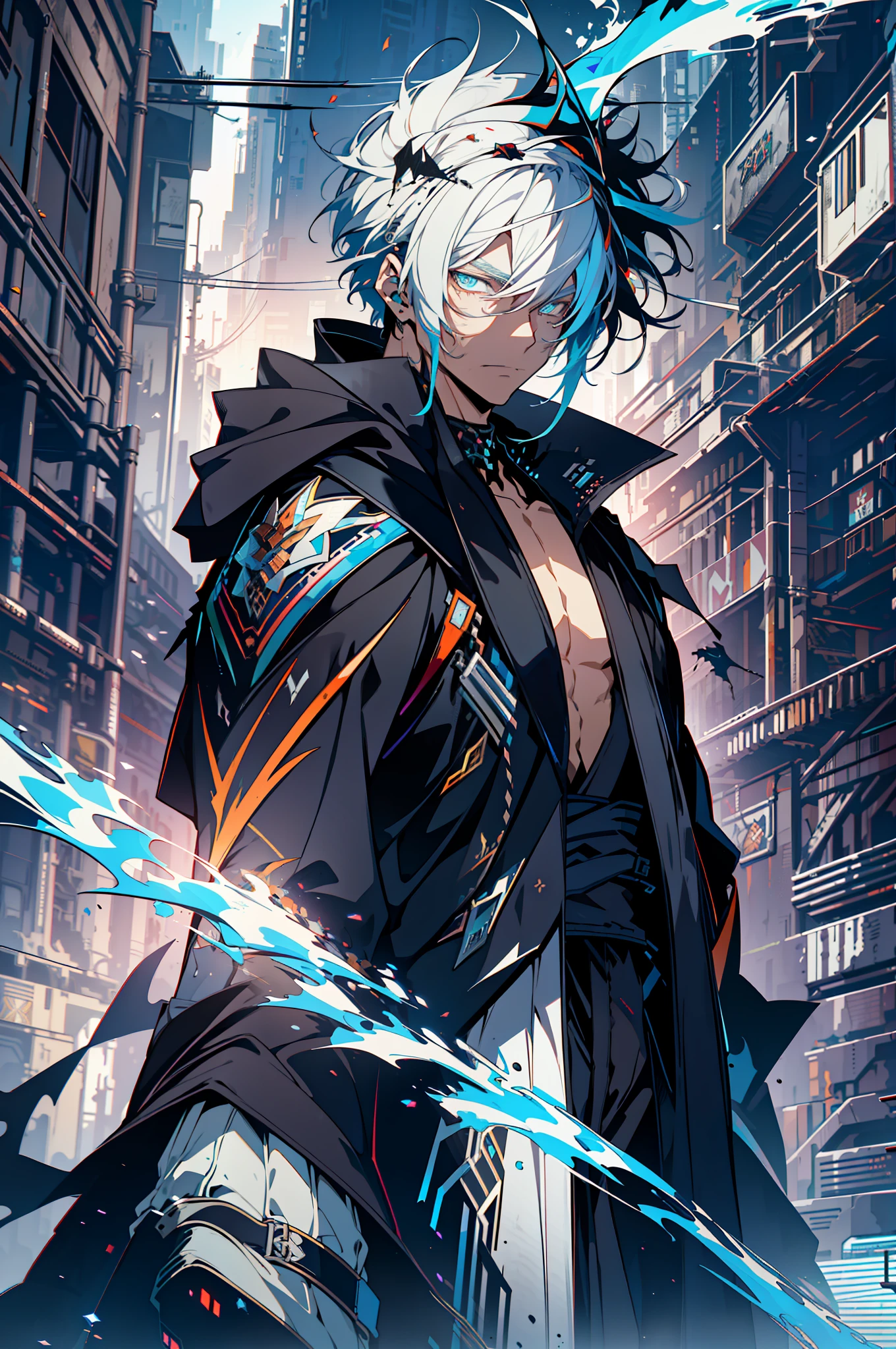 Cyberpunk male, fantasy world, dark background, clean design, epic instagram, artstation, colorful paint splatter, silhouette, hyper detailed intricate details, unreal engine, fantasy, intricate details, splash screen, complementary colors, Fantasy concept art, 8k resolution, deviantart masterpiece, oil painting, heavy strokes, paint dripping, (isolated on white background: 1.3), rainbow skin, (((handsome young man))), ((teenage:1.5) ), (glowing blue eyes), ((light eyes)), ((((short white hair: 1.1))), ((black clothes)), (prince\\(indifferent expression\\),, ( ((Wears high detail luxurious black robe))), white hair, (chest) --v 6