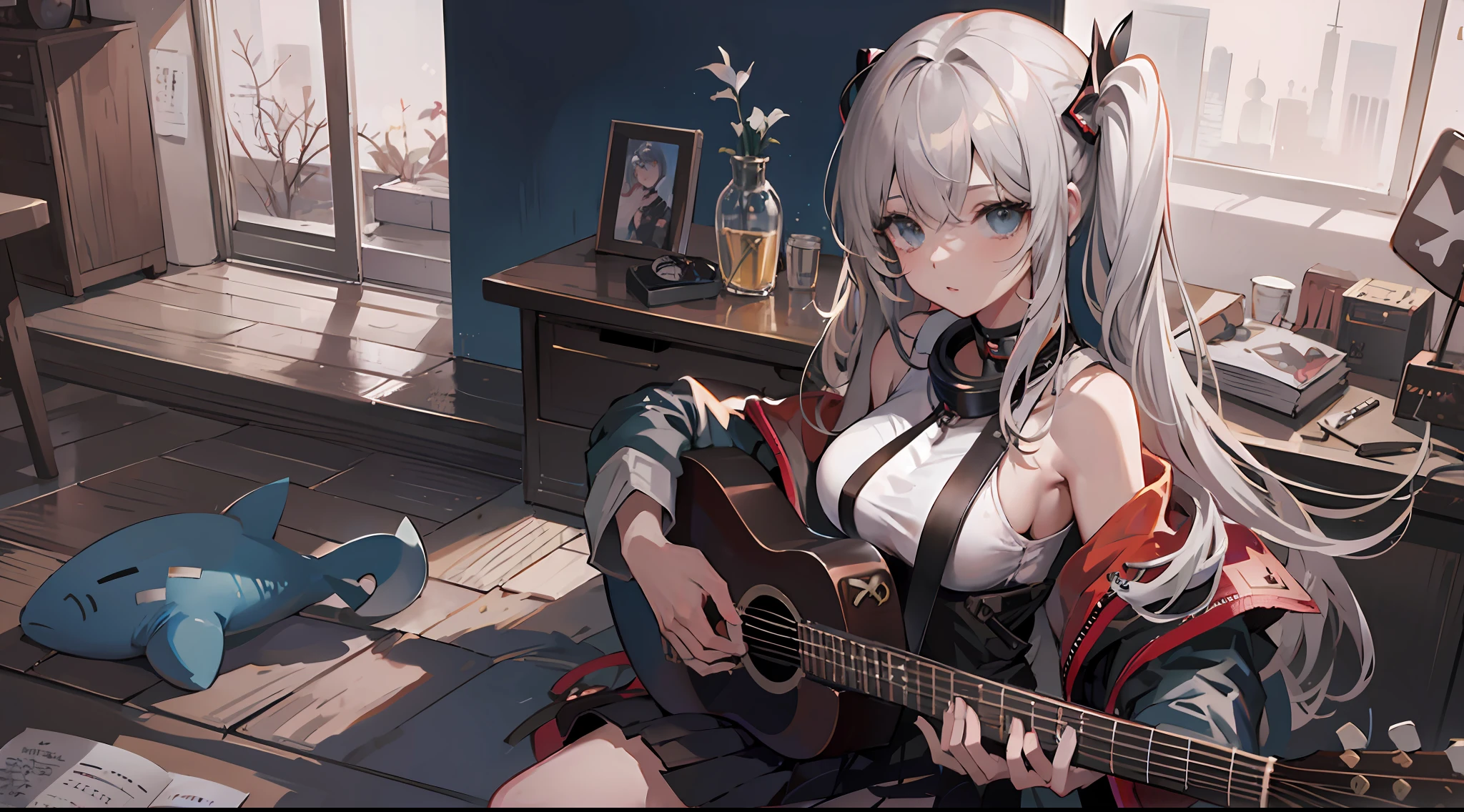anime girl with a guitar in her hand in a room, shark and guitar, kantai collection style, best anime 4k konachan wallpaper, guweiz on pixiv artstation, nightcore, trending on artstation pixiv, from arknights, guweiz on artstation pixiv, official artwork, cushart kenz, gawr gura