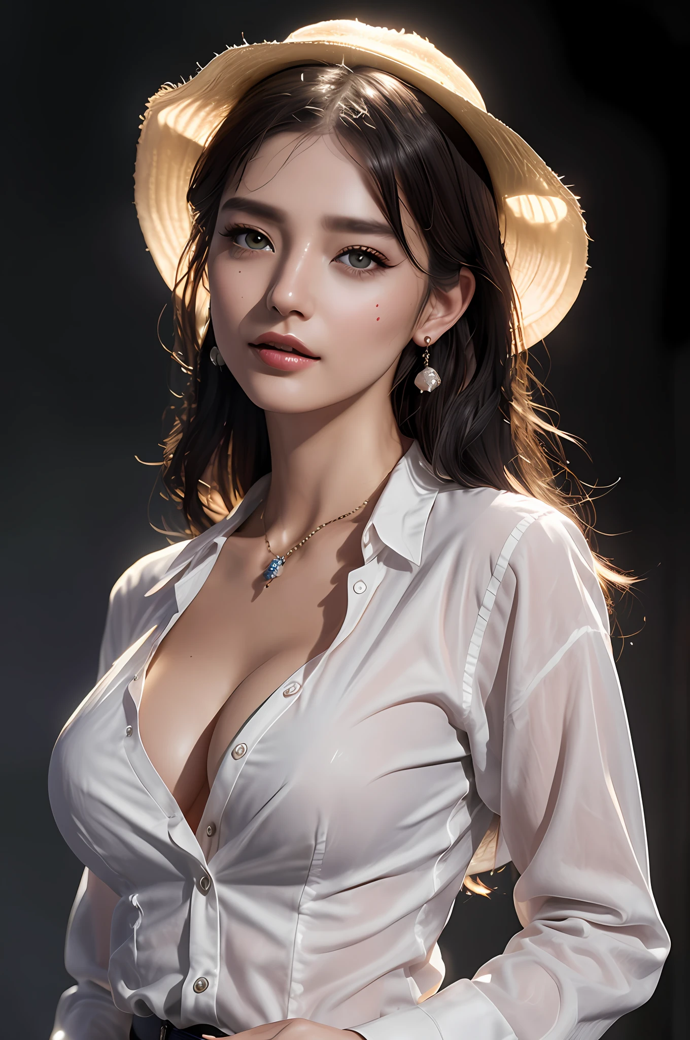(button up to shirt length: 1.2), (White shirt wet by rain), (unbuttoned shirt: 1.1), big breasts, deep cleavage, best quality, masterpiece, illustration, very delicate and beautiful, very detailed, CG, Unity, 8K wallpapers, amazing, fine detail, highly detailed CG Unity 8K wallpapers, huge file size, very detailed, high resolution, handsome detailed woman, very detailed eyes and face, Stunning detailed eyes, light on the face, (Best illustration: 1.1), (best shadow: 1.1), ultra high resolution, (photorealistic: 1.1), (photorealistic 1.2:1.1), realistic face proportions, slim, smile, (makeup: 0.4), (fluffy black eyes: 1.21), black eyes, looking at the viewer, dark brown hair, earrings, necklaces, hairpins, cowboy shots, (irregular irregular skin imperfections, veins, skin wrinkles pores: 1.2), (dark night background: 1.2), (bokeh: 1.4),