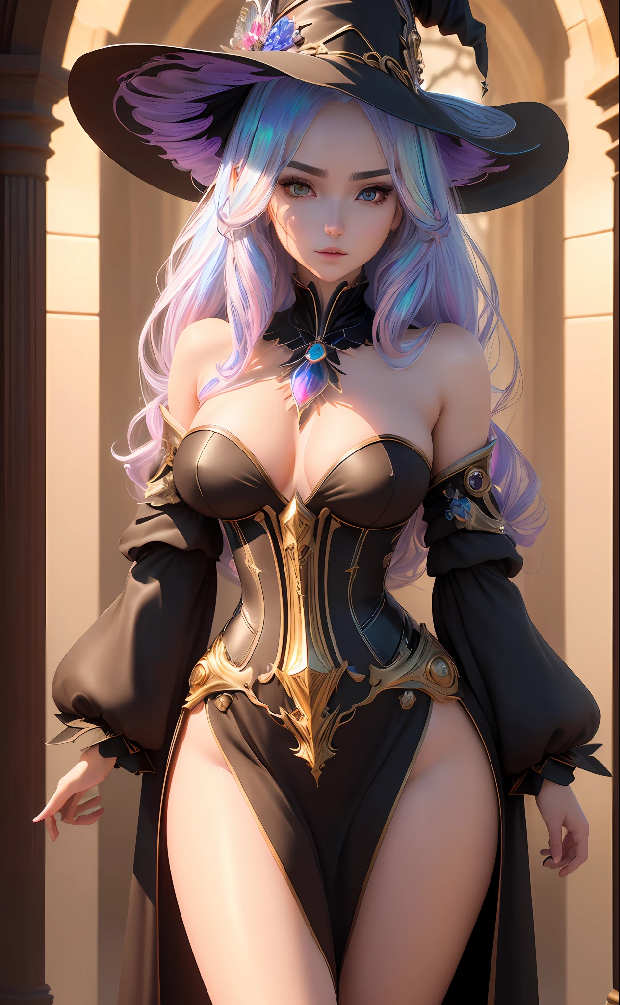 ((Best Quality: 1.4), (Masterpiece), (Ultra Detail), (Ultra Fine Illustration), (Ultra High Resolution), (Photorealistic: 1.4), RAW Photos,, (Half-Body Shot from Head to Thigh: 1.4), (Anime Wife Style Witch), Amazingly Bewitching, Amazingly Beautiful, Highly Detailed Clothes, Dense Makeup, Clean Face, Amazingly Clean Eyes, Ethereal Background, Highly detailed beautiful iridescent hair, hourglass-like body shape, 8 life-size, cinematic, highly detailed hairstyle, perfect anatomy, symmetrical and balanced, 3D rendering, octane number rendering, close to perfect, Beautiful bewitching eyes, beautiful gradient, sharp focus, 4K resolution, golden ratio, central image, beautiful composition, symmetrical and balanced,