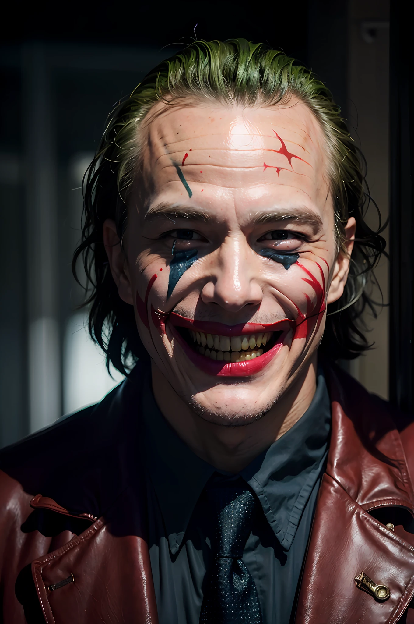 DC, Old Man Heath Ledger, Joker, Scary Smile, Realistic, Dynamic Lights, Old, Stubble, Full Shot, (Very Detailed CG Unified 8k Wallpaper), Trends on ArtStation, Trends on CGSociety, High Detail, Sharp Focus, Dramatic, Photorealistic Reality