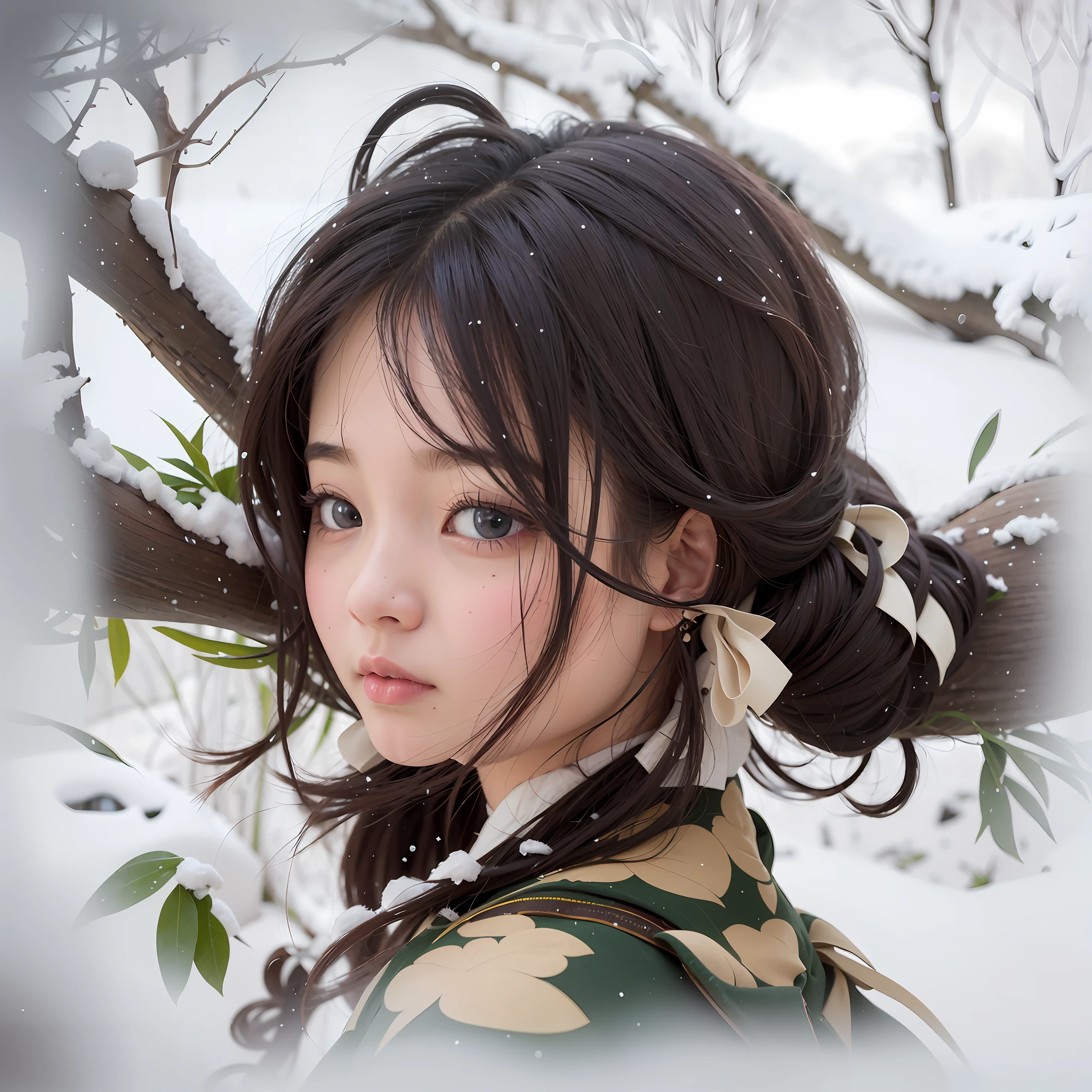 There is a woman standing in the snow, Guvez style artwork, palace, girl in Hanbok, Korean girl, in the snow, young and cute Korean face, soft portrait shooting 8 K, portrait of Korean female idol, Korean artist, beautiful Korean woman, ulzzang, portrait shooting, in the snow, Chinese girl, tender white skin, looking back, a glimpse of amazement, delicate facial features, eyes deep and full of charm