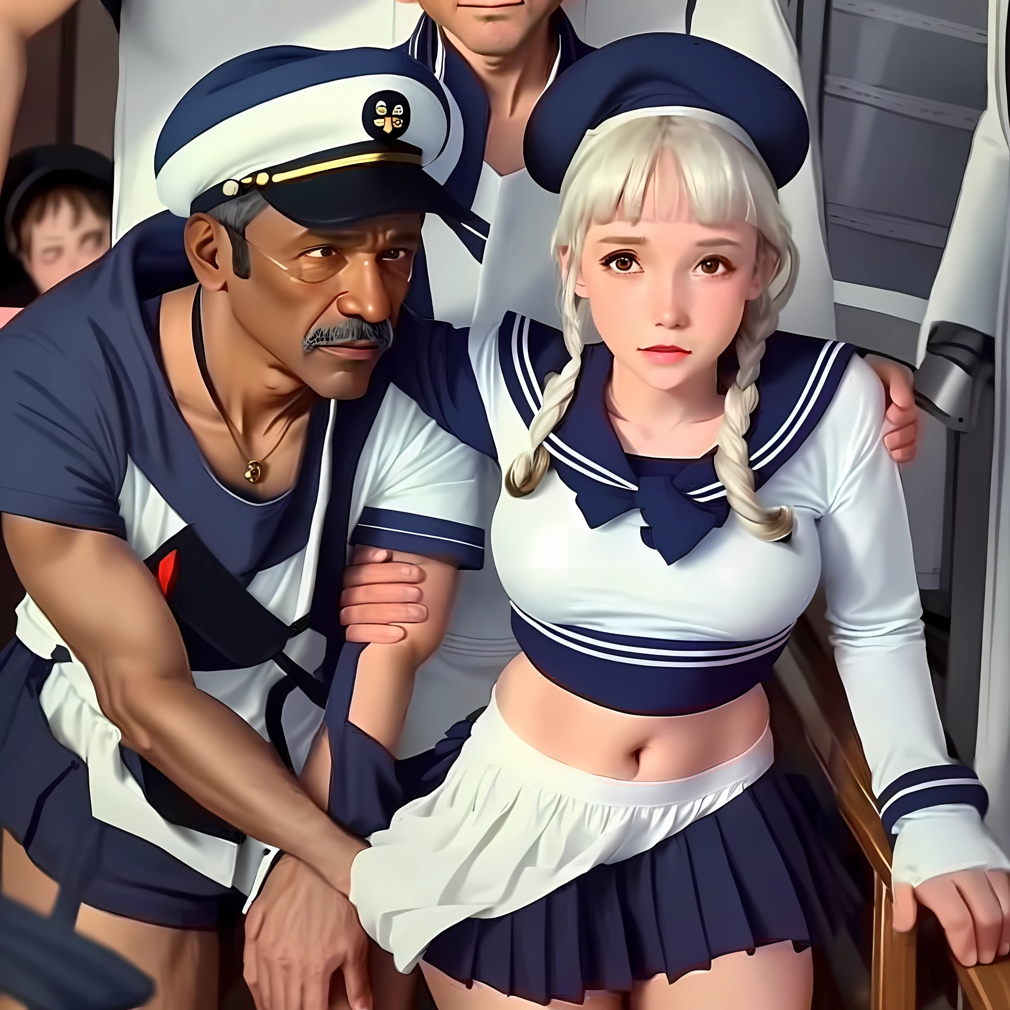 A dark-skinned old man captain, captain old man forcibly kisses white-skinned girl sailor, white-skinned girl sailor is coerced, white-skinned girl sailor is molested, crop top sailor suit, sailor cap, asymmetric bangs, miniskirt, white-skinned girl sailor plump buttocks and breasts
