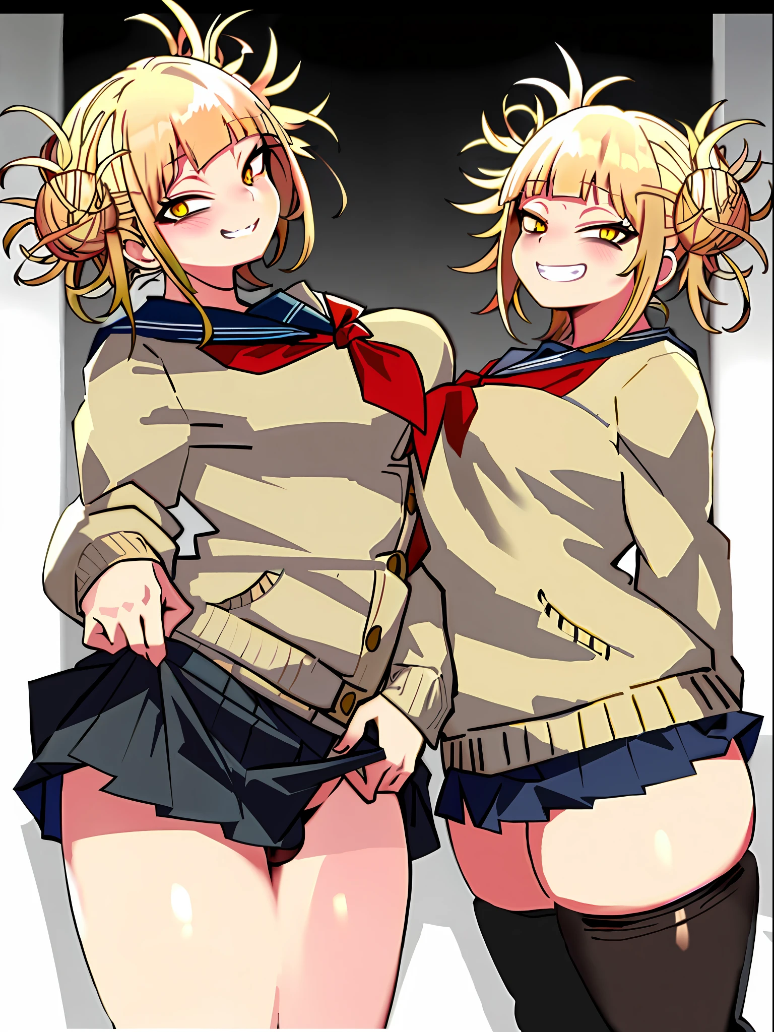 Masterpiece, best quality, (1girl), detailed face, toga himiko, yellow eyes, light from behind, super detailed, changing room, (large breasts), cinematic lightning, happy, (close-up), looking at viewer, blonde hair, crazy smile, black panties, wide hips, thighhighs, ((skirt lift)), (low angle), chamchami, cham22,