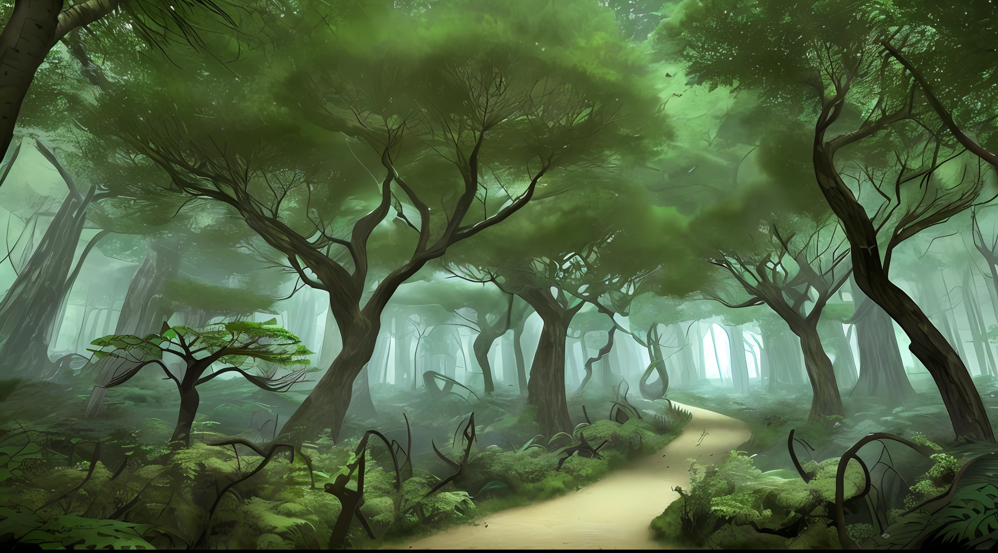 A narrow path winds through the heart of the forest, with towering trees forming a canopy overhead. The branches intertwine like skeletal fingers, creating a sense of foreboding. Shafts of pale moonlight pierce through the dense foliage, casting an otherworldly glow on the path below. Twisted roots snake along the forest floor, creating natural obstacles that add to the sense of adventure and danger.