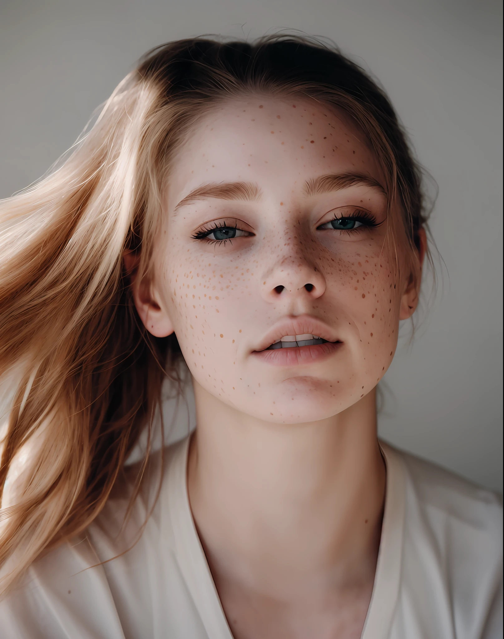 blond woman with freckles and freckles on her face, light falling on face, young woman's face, color portrait, woman with freckles, woman's face looking off camera, freckled pale skin, young female face, infp young woman, light cute freckles, freckled face, soft portrait shot 8 k, soft shadows on the face, youthful face, light freckles