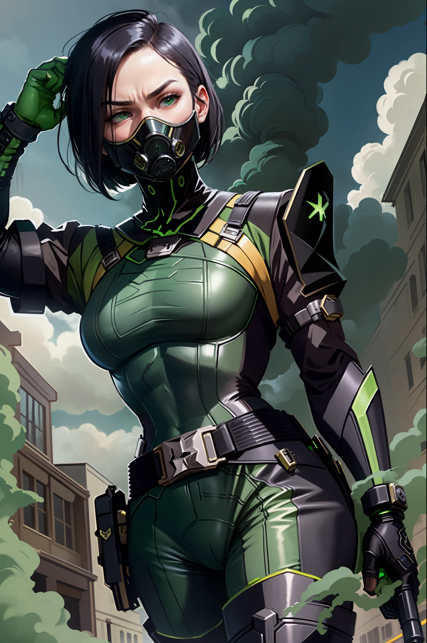 masterpiece, best quality, valorantviper, gasmask, green bodysuit, elbow gloves, belt, looking at viewer, furrowed brow, cloud of green smoke, city street, arms together