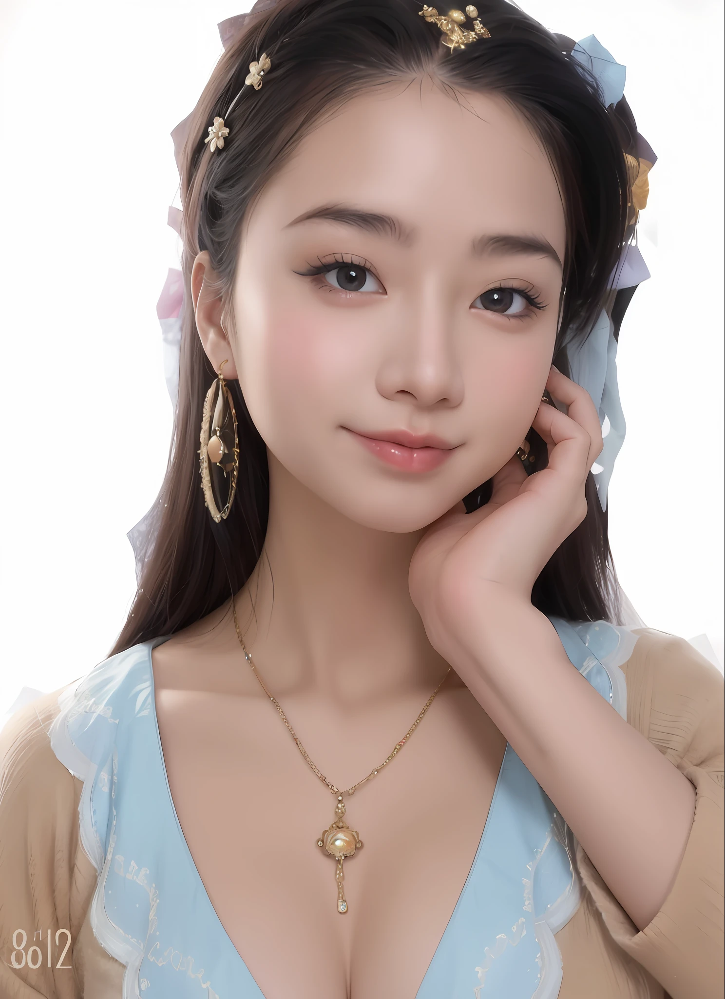 arafed asian woman with a blue dress and gold jewelry, in the art style of bowater, artwork in the style of guweiz, photorealistic!!!!!!! art style, kawaii realistic portrait, inspired by Sim Sa-jeong, realistic artstyle, 8k portrait render, high quality portrait, made with anime painter studio, high quality 16k digital art