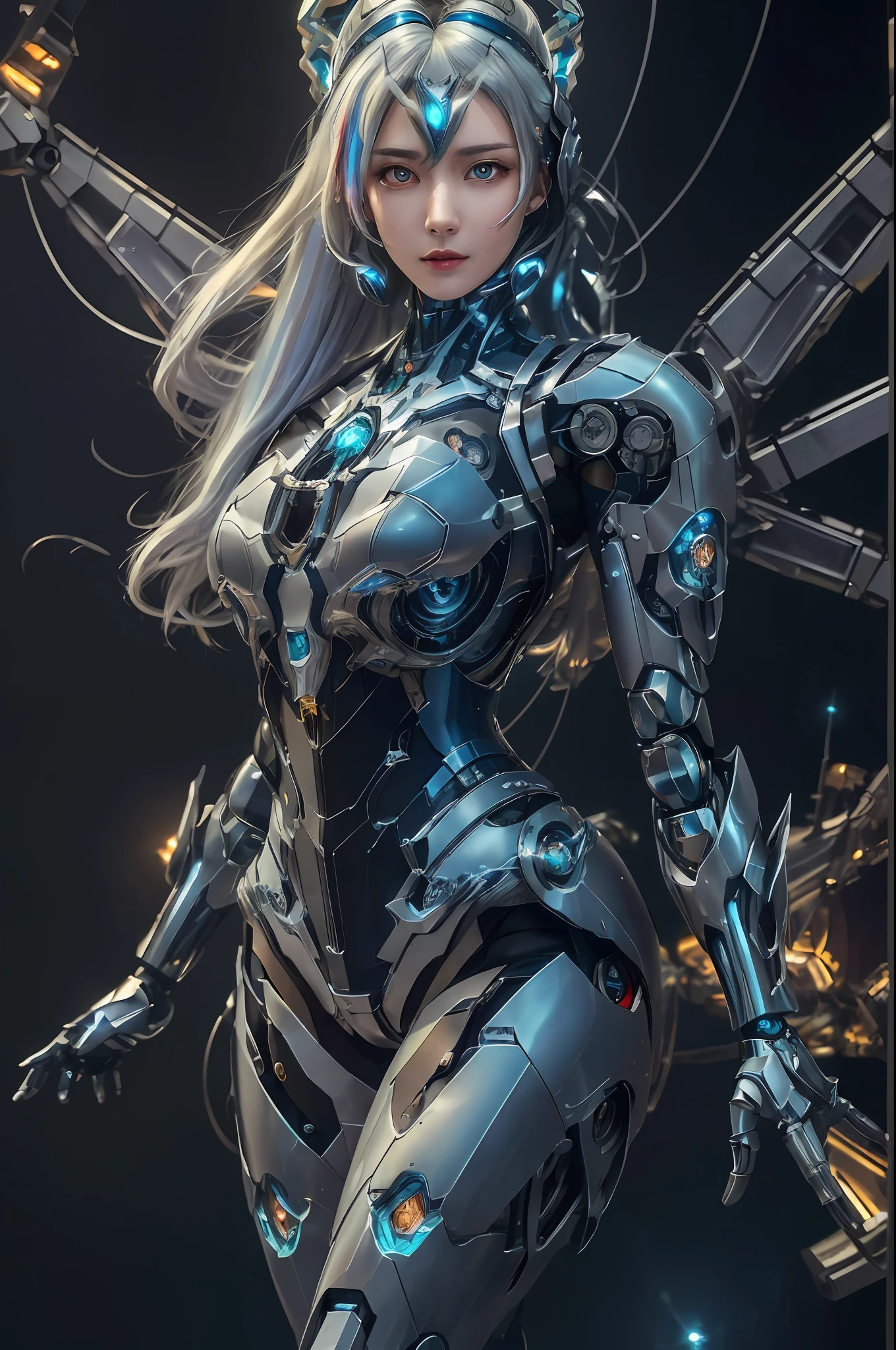 masterpiece,best quality,ultra-detailed,very detailed illustrations,extremely detailed,intricate details,highres,super complex details,extremely detailed 8k cg wallpaper,cowboy shot, caustics,reflection,ray tracing,demontheme,nebula,dark aura,cyber effect, (1girl:1.4),solo,alone,mecha musume,mechanical parts, robot joints,single mechanical arm, headgear, mechanical halo,star halo,intricate mechanical bodysuit, mecha corset, kimono, full armor, very long hair,white hair, hair between eyes, multicolored hair, colored inner hair, red eyes,glowing eye,eye trail, random expressions,random action, ancient japanese architecture,pond, starry sky,skyline,