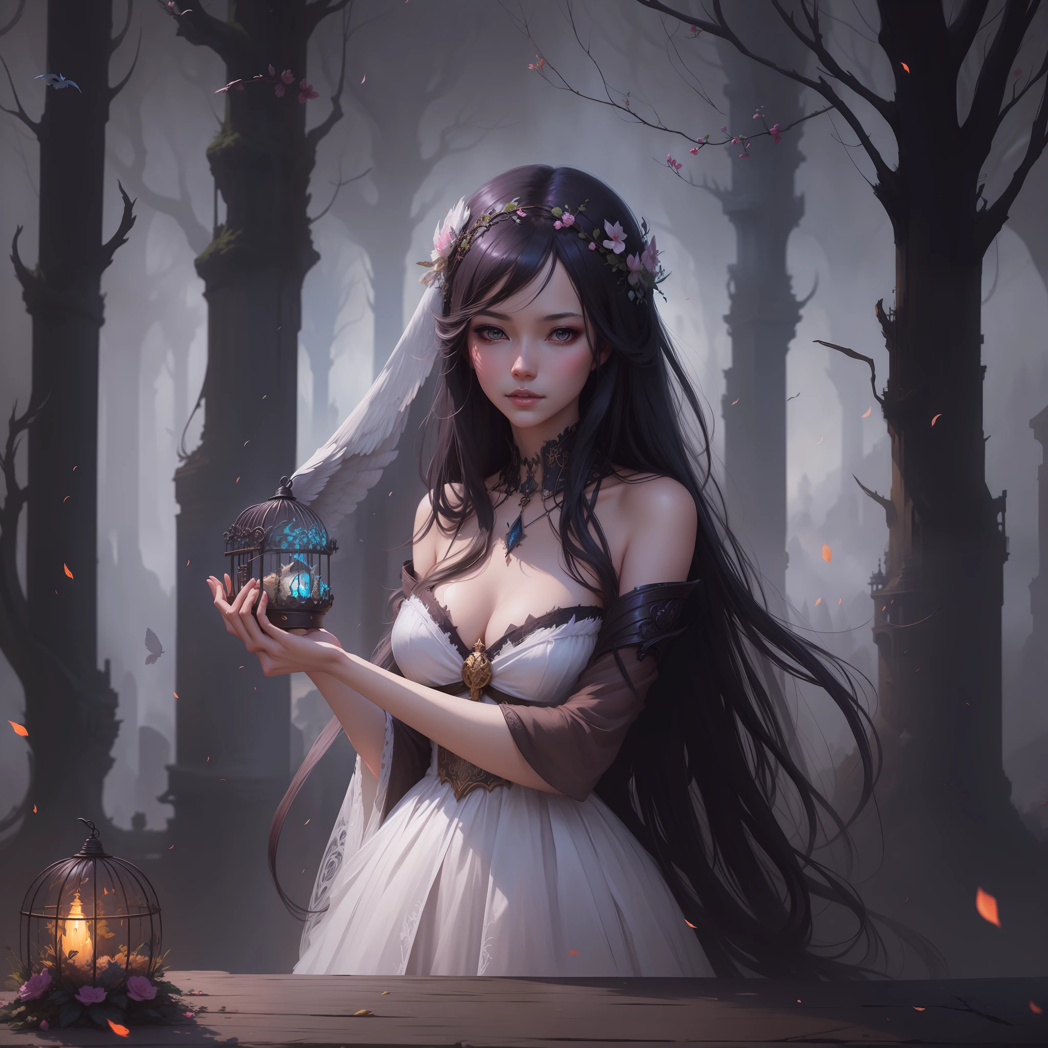 wide shot, there is a woman in a white dress holding a bird cage, fantasy art style, artwork in the style of guweiz, beautiful fantasy art, dark fantasy style art, digital fantasy art ), fantasy dark art, beautiful digital artwork, beautiful fantasy art portrait, fantasy art behance, very beautiful fantasy art, fantasy digital art, dark fantasy art, beautiful fantasy maiden