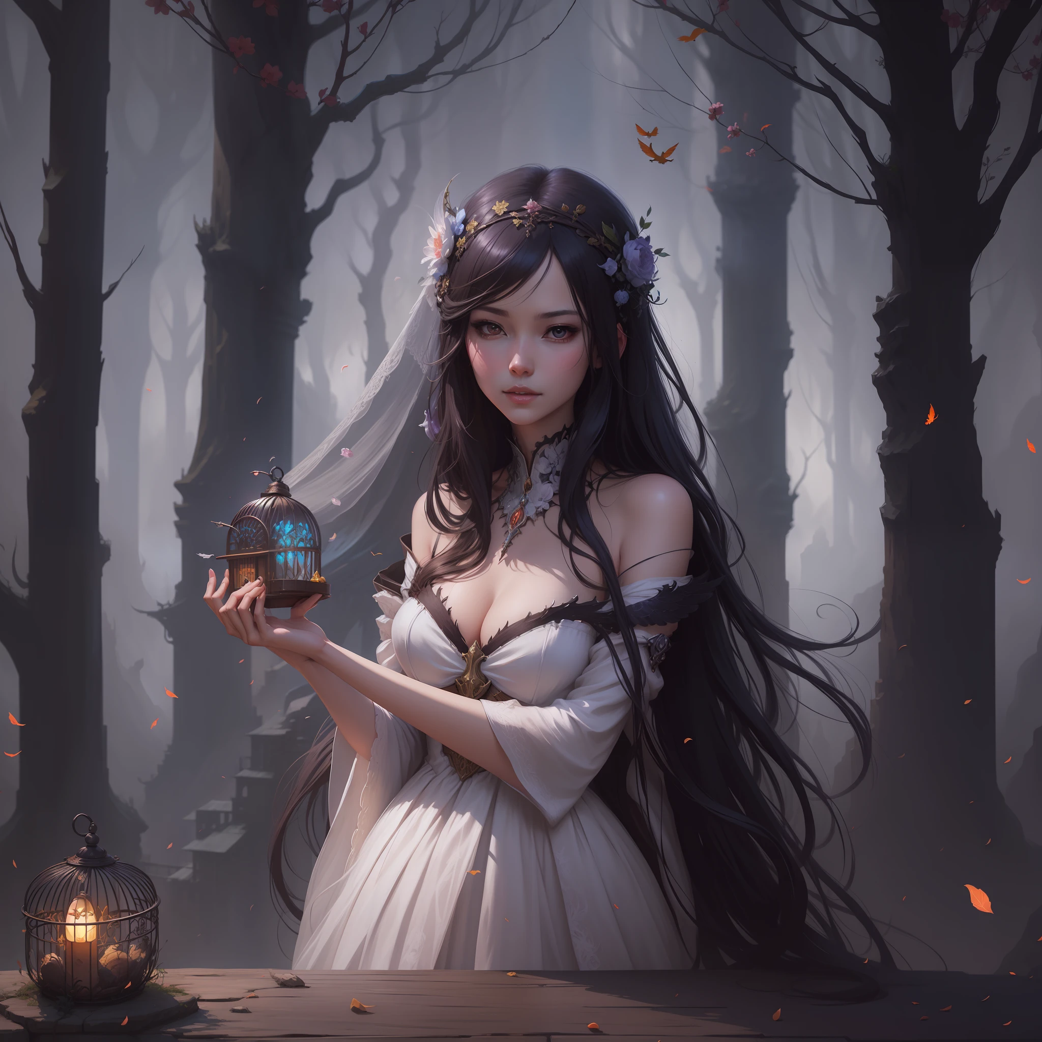 wide shot, there is a woman in a white dress holding a bird cage, fantasy art style, artwork in the style of guweiz, beautiful fantasy art, dark fantasy style art, digital fantasy art ), fantasy dark art, beautiful digital artwork, beautiful fantasy art portrait, fantasy art behance, very beautiful fantasy art, fantasy digital art, dark fantasy art, beautiful fantasy maiden