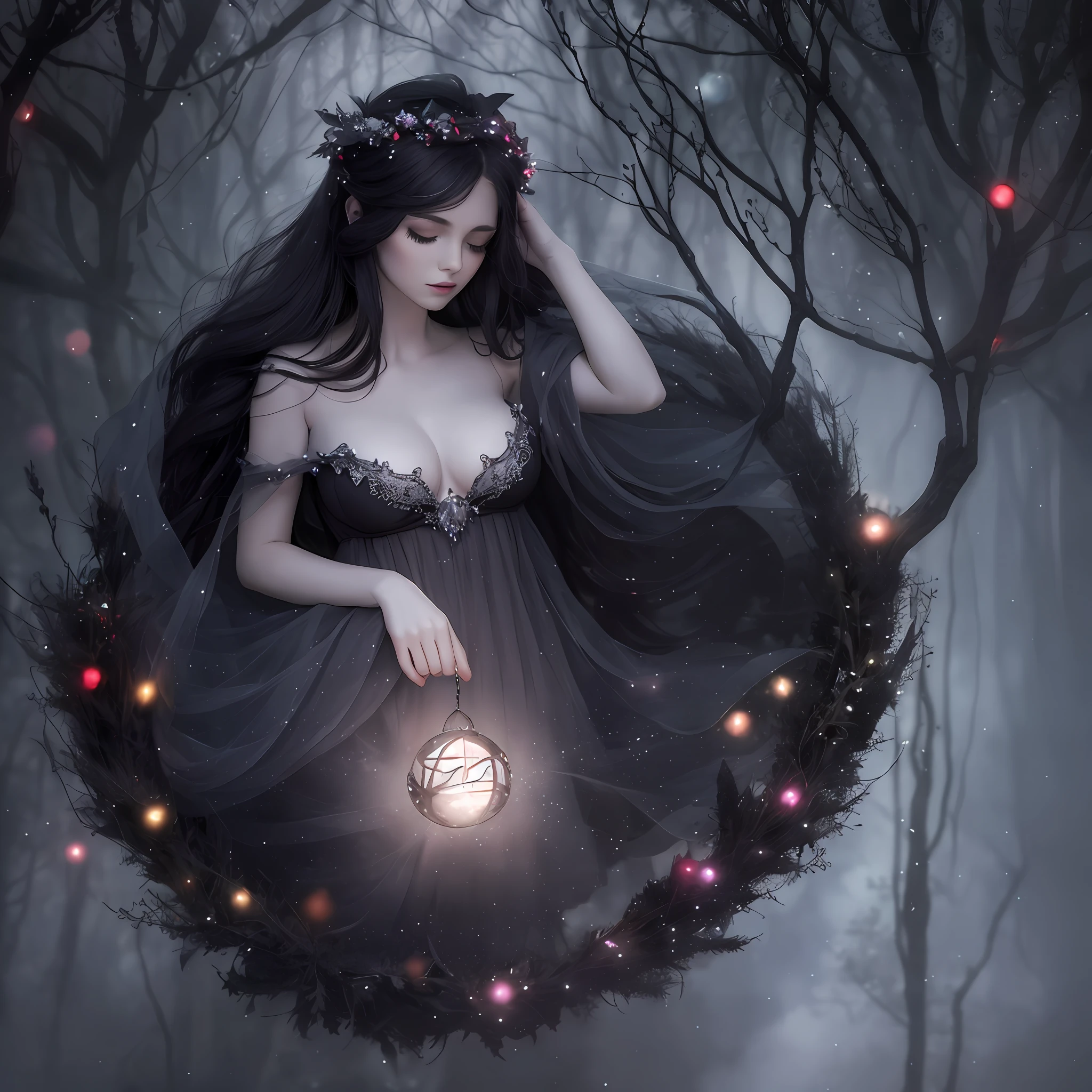 misty, black forest, (a witch + dark magic), radiance, ethereal beauty, levitating, ball of lights held (with a delicate and graceful touch), spellbinding atmosphere.