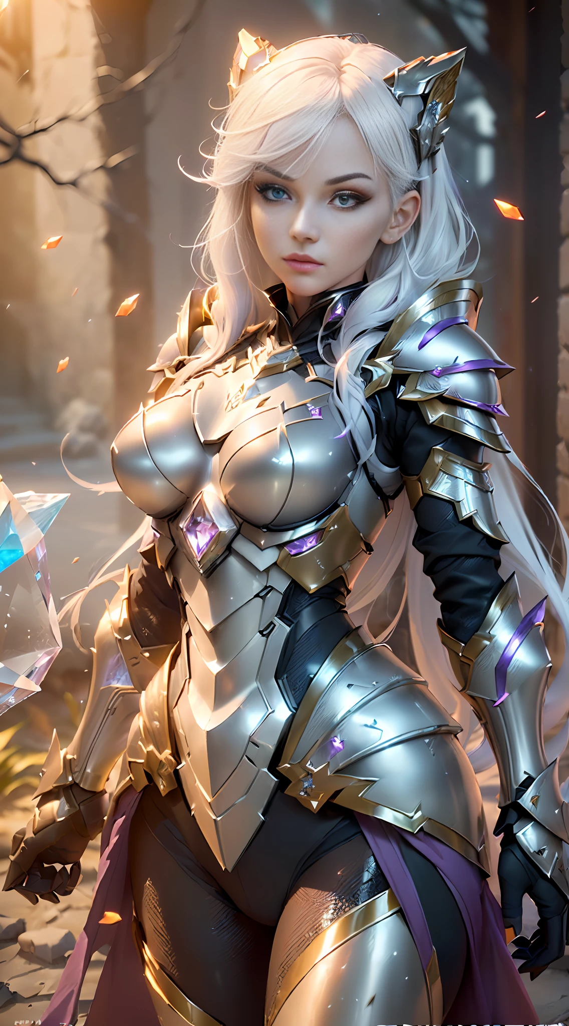 Female ninja, fantasy style, night, sexy, charming facial features, ready to fight posture, serious expression, long white hair, (makeup: the color system is mainly bright white, mixed with a little water red. Purple eyeshadow, black eyeliner and eyelash squares, coral color on lips to add freshness and texture throughout the makeup. Crystal material exoskeleton: 1.6, (3D rendered armor/exoskeleton, refractive index: 1.76 - 1.78, reflectivity: 0.03 - 0.05, ambient light: between 20 - 50, color: dark red, moderate saturation, light type: Ambient Light: 1.2, light source color: Northern lights, light source intensity: between 1 - 2, light source direction: the position and direction of the light source are adjusted appropriately according to the shape and material of the item, number of light sources: 2 - 3 light sources Crystal exoskeleton, red cape, beautiful female knight, detailed fantasy art, colorful crystal armor, (color 0.5), (crystal texture: 1.5), smooth surface, high transparency, high definition, texture and detail inside the material, piezoelectric effect, inverse piezoelectric effect, optical diffraction, stunning armor, 2.5 d CGI fantasy artwork, 4 k detail fantasy, high detail, surrealism, cubism, Constructivism, chiaroscuro, ray tracing, backlighting, stereogram, cinematic lighting, UHD, retina, masterpiece, ccurate, anatomically correct, highres, best quality, textured skin, HD , 4K