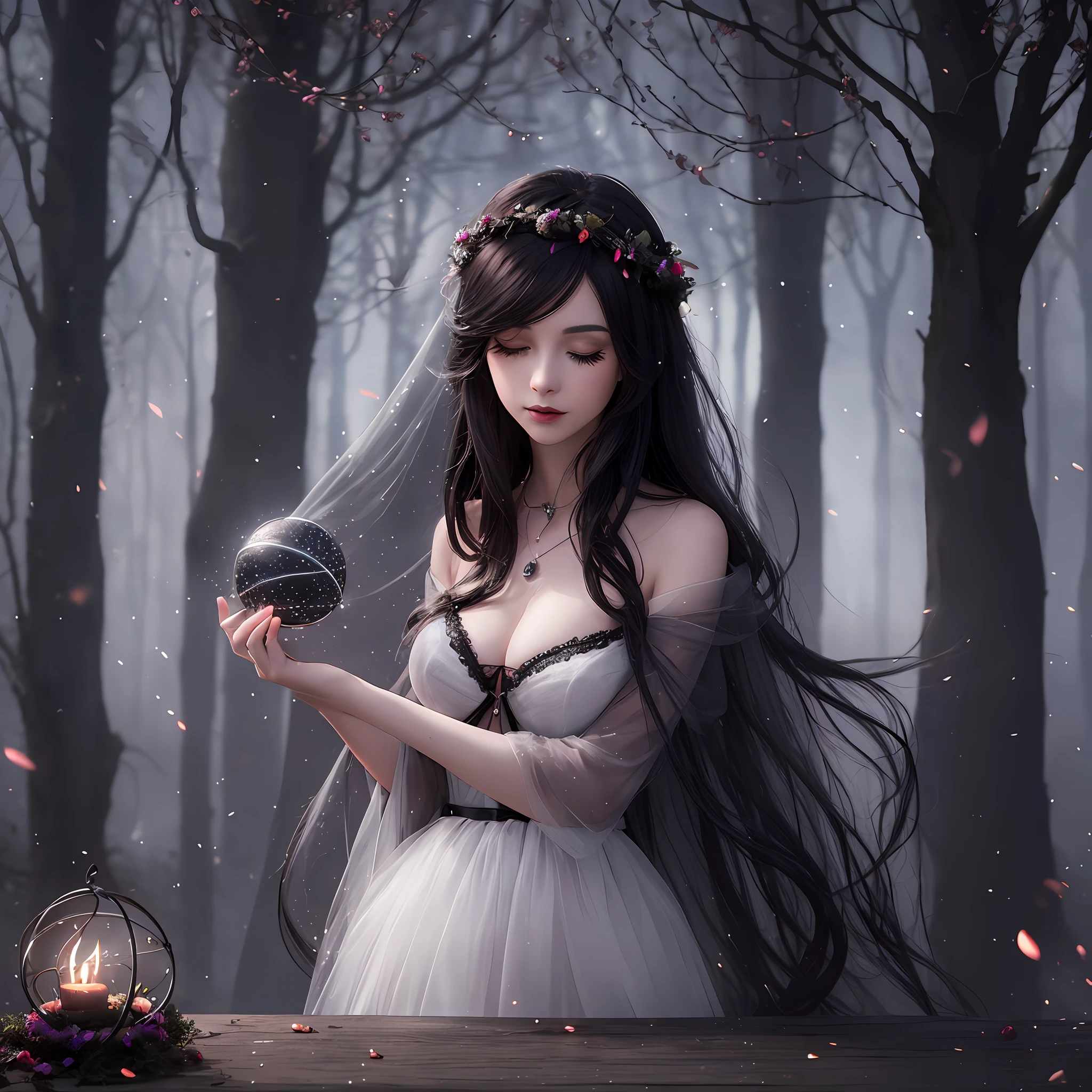 misty, black forest, (a witch + dark magic), radiance, ethereal beauty, levitating, ball of lights held (with a delicate and graceful touch), spellbinding atmosphere.