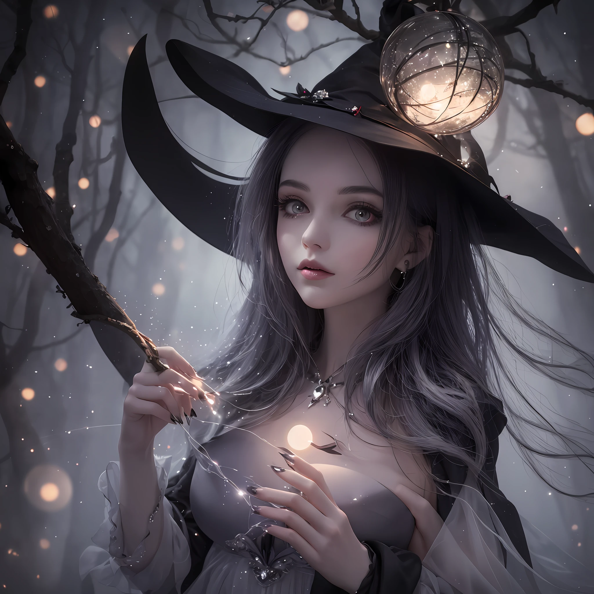 misty, black forest, (a witch + dark magic), radiance, ethereal beauty, levitating, ball of lights held (with a delicate and graceful touch), spellbinding atmosphere.