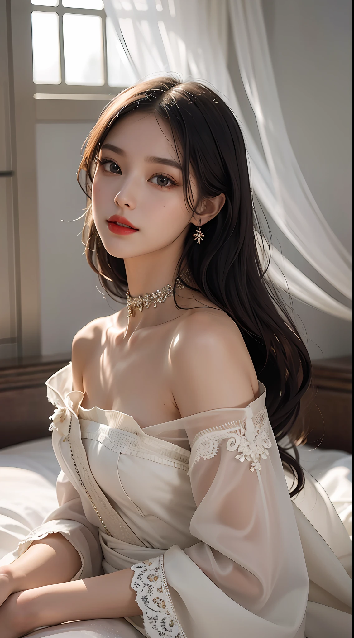 Medium distance shot, ((beautiful detailed face)), (full body photo: 1.3), looking at you, hair on the shoulders, low tied long hair, shiny hair, (high detail), clearer, delicate makeup, red lips, shiny lips, long eyelashes, bright big eyes, eye shadow, lying silkworm, movie lighting, cute girl, master works, high detail, colorful picture, light and shadow details, extremely delicate beautiful girl, supple fair skin, delicate facial features, perfect face, smiling expression, perfect body, Stunning beauty, bright lights, Tyndall effect, not exposed