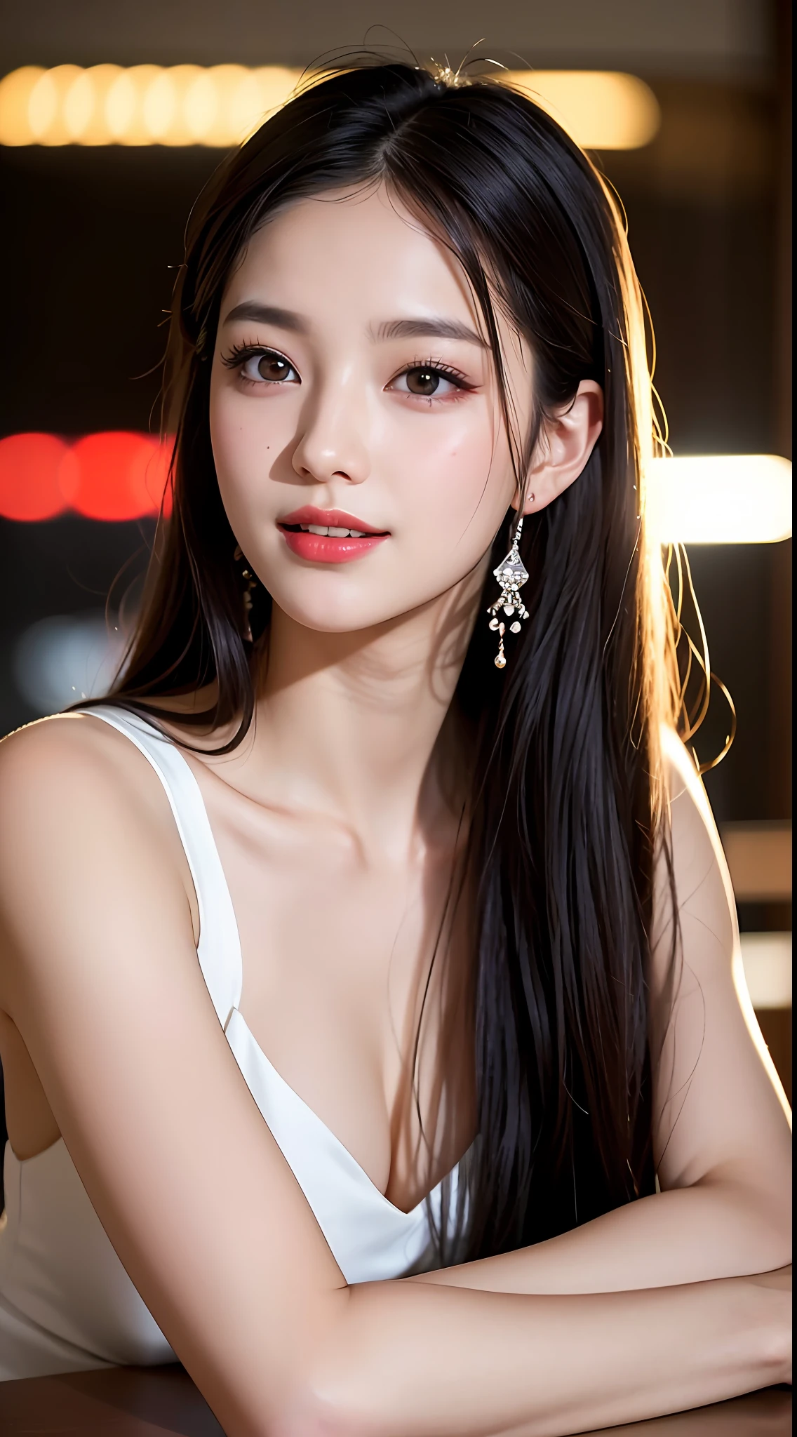 Medium distance shot, ((beautiful detailed face)), (full body photo: 1.3), looking at you, hair on the shoulders, low tied long hair, shiny hair, (high detail), clearer, delicate makeup, red lips, shiny lips, long eyelashes, bright big eyes, eye shadow, lying silkworm, movie lighting, cute girl, master works, high detail, colorful picture, light and shadow details, extremely delicate beautiful girl, supple fair skin, delicate facial features, perfect face, smiling expression, perfect body, Stunning beauty, bright lights, Tyndall effect, not exposed