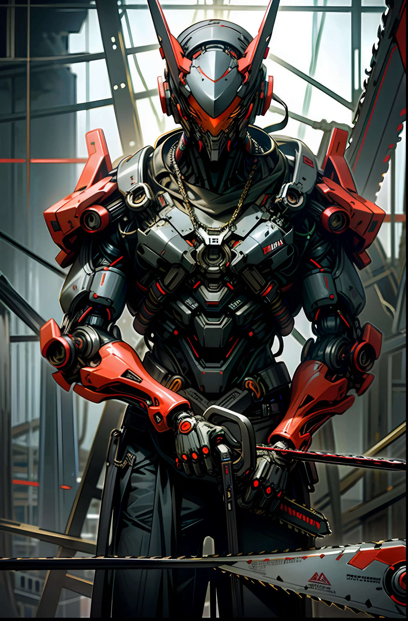 Dark_Fantasy,Cyberpunk,(chain saw,chain saw man,Red:1.1),1man,Mechanical marvel,Robotic presence,Cybernetic guardian,