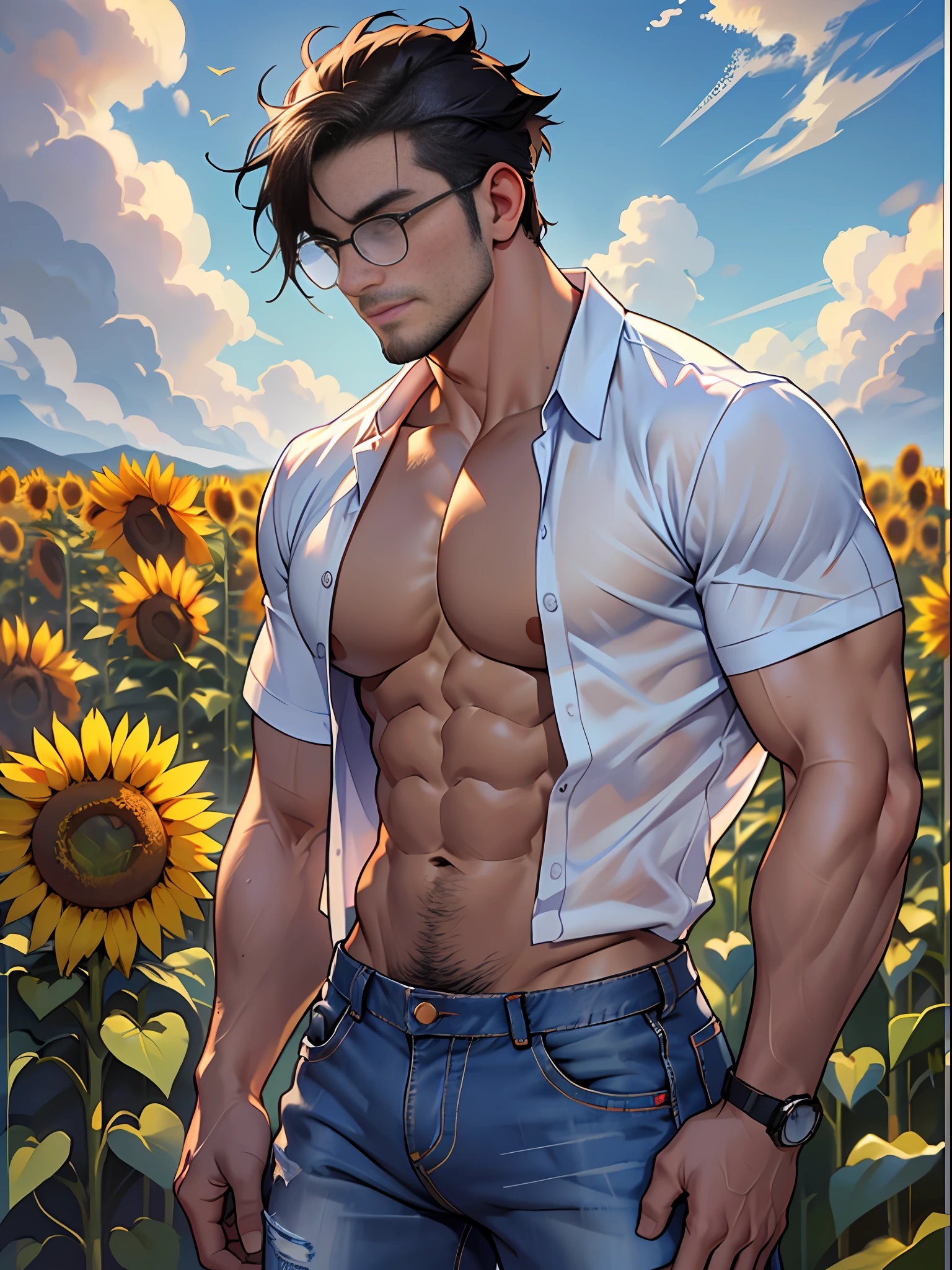 30 years old, big eyes, Chinese male, stubble, white inch, huge muscles, exaggerated muscles, mature man, muscle swelling, bodybuilding, pectoral muscles, abs, in a field of sunflower flowers, plenty of sunflowers, wearing white shirt, open shirt, jeans, sneakers, natural light, wheat-colored skin, 1man, metal glasses, standing