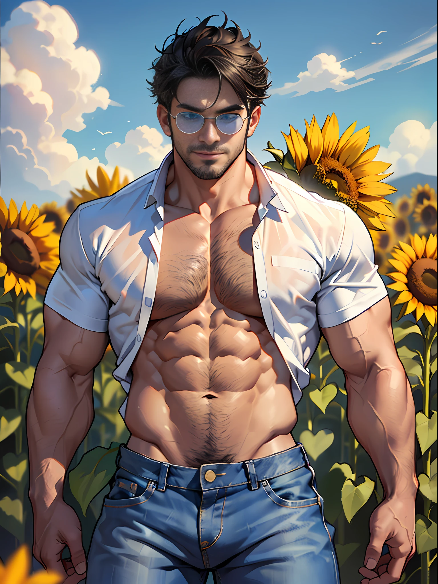 30 years old, big eyes, Chinese male, stubble, white inch, huge muscles, exaggerated muscles, mature man, muscle swelling, bodybuilding, pectoral muscles, abs, in a field of sunflower flowers, plenty of sunflowers, wearing white shirt, open shirt, jeans, sneakers, natural light, wheat-colored skin, 1man, metal glasses, standing