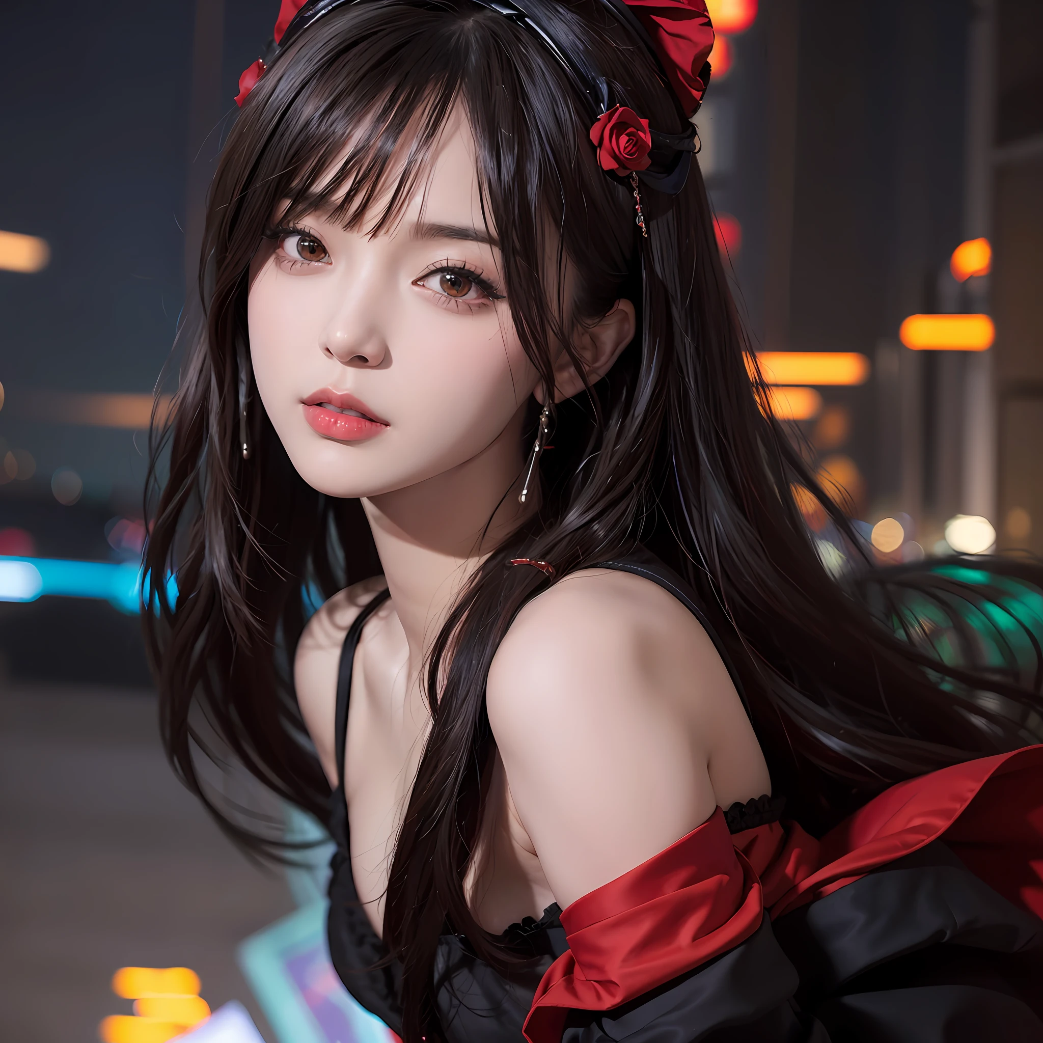 1girl, Tokyo Street, Night, City View, City Lights, Upper Body, Close Up, 8k, RAW Photo, Best Quality, Masterpiece, Realism, Realism, Red Rose Headdress, Split Bangs, Short Hair, Big Waves, One Dressed in Black, Long Hair and Glare Eyes, Cute Face. Dark fantasy, stunning anime face portrait, beautiful seductive anime woman, Guvez style artwork, fanci, beautiful anime portrait, beautiful anime girl, beautiful fantasy queen