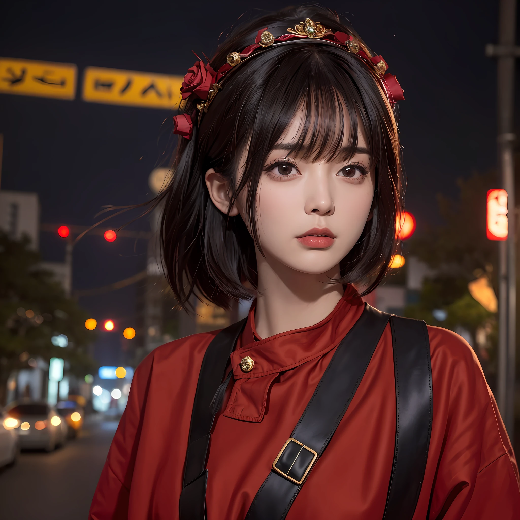 1girl, Tokyo Street, Night, Cityscape, City Lights, Upper Body, Close Up, 8k, RAW Photo, Best Quality, Masterpiece, Realism, Realism, Red Rose Headdress, Split Bangs, Short Hair, Big Waves, Black Hair Color,