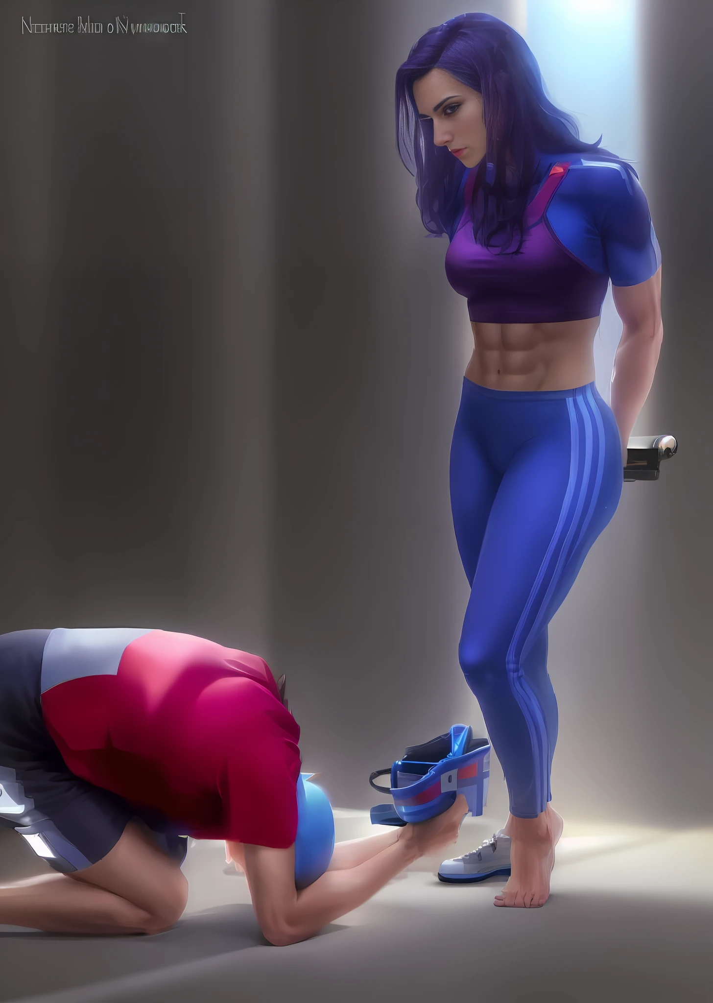 Man bending over to pick up a widowmakers shoe, bend over posture, bent over posture, bent - over posture, kneeling and looking up, kneeling, on his knees, kneeling!!, on knees, widowmsker standing, bending over, bendover posture, tight, marketing photo, 2 people, widowmaker standing looking down, crop top, abs, barefoot