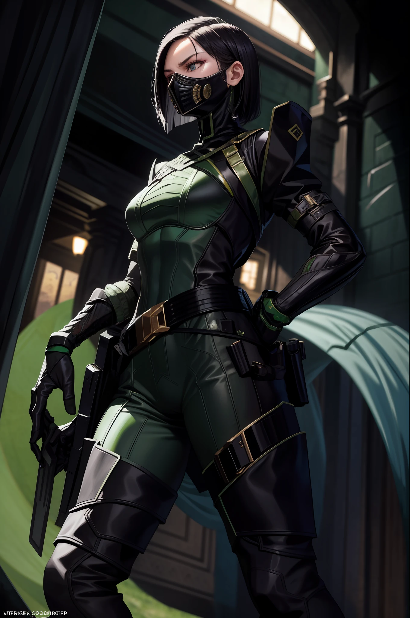 masterpiece, best quality, valorantviper, green bodysuit, elbow gloves, belt, gasmask, thigh boots, from side, hands to hips, middle eastern architecture, desert, glowing