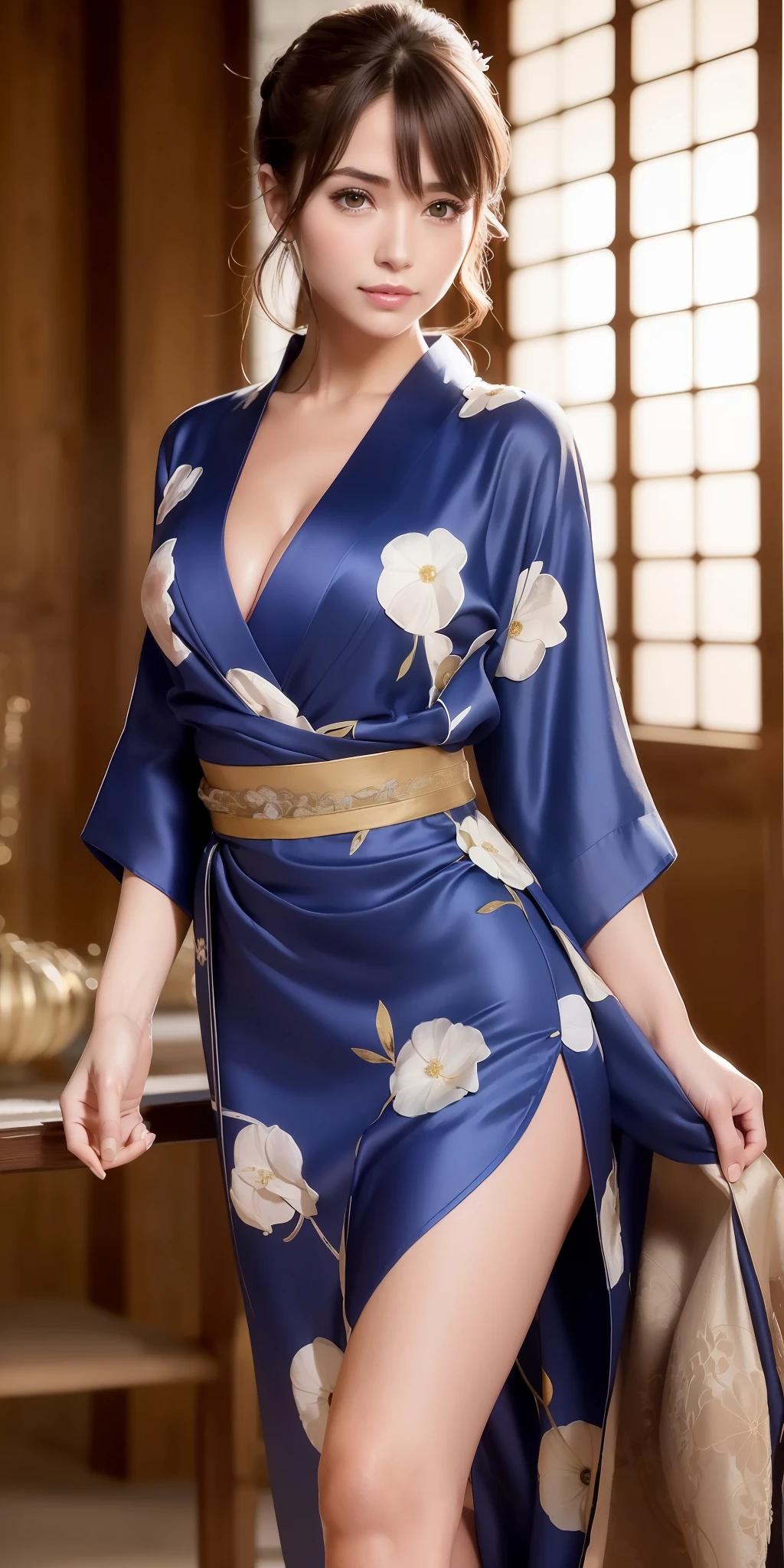 best quality, photorealistic, 8k, raw photo, high res, oily skin, princess, (), (professional lighting), (portrait:0.6), gorgeous, photorealistic, (bokeh), (portait:0.6), (dynamic pose:1.2), masterpiece, intricate, realistic, (artistic:1.4) , sharp focus, award-winning photograph, (trusting eyes:1.3), ( small :1.0), (cleavage:1.3) , (smile:1.3), (lora:aiGRAVNAGIXx_v1:0.7:1.3), (super detailed fashionable gorgeous shirts:1.5),( slender, toned body:0.8), fashionable ornaments, ( beautiful raw leg:1.4), ponytail, (seductive yukata dress:1.4), (back shot:0.8),