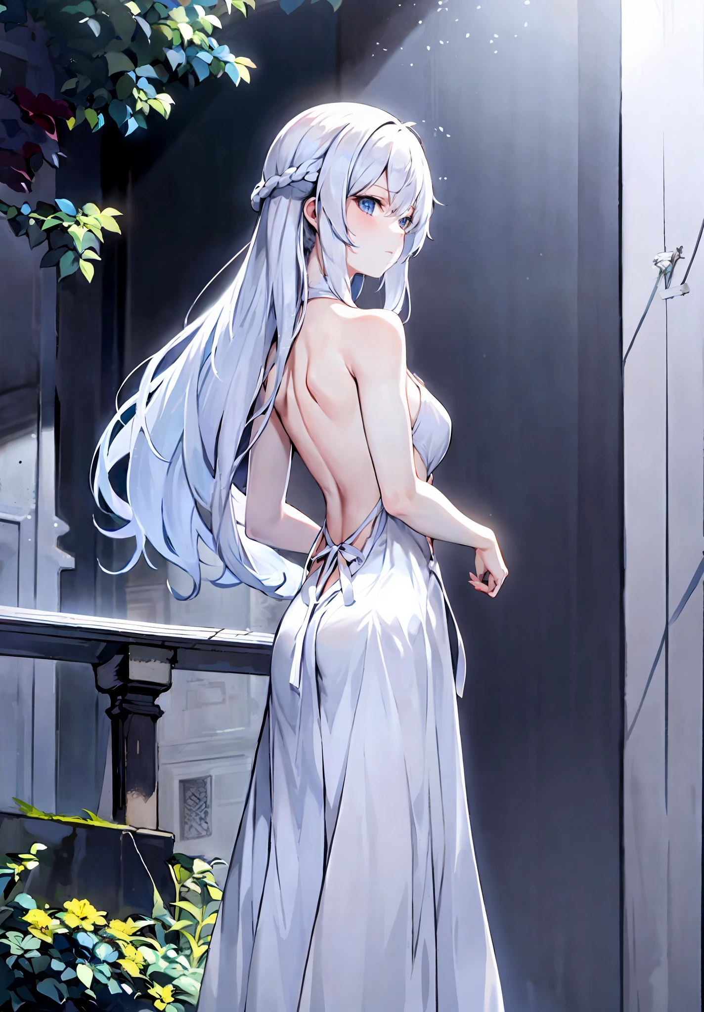 1 girl, blue eyes, long hair, white hair, solo, look back, dress, look audience, book, breasts, white hair, back, backless clothing, from behind, black dress, bare back, backless dress, flower, medium breasts, upper body, holding a book