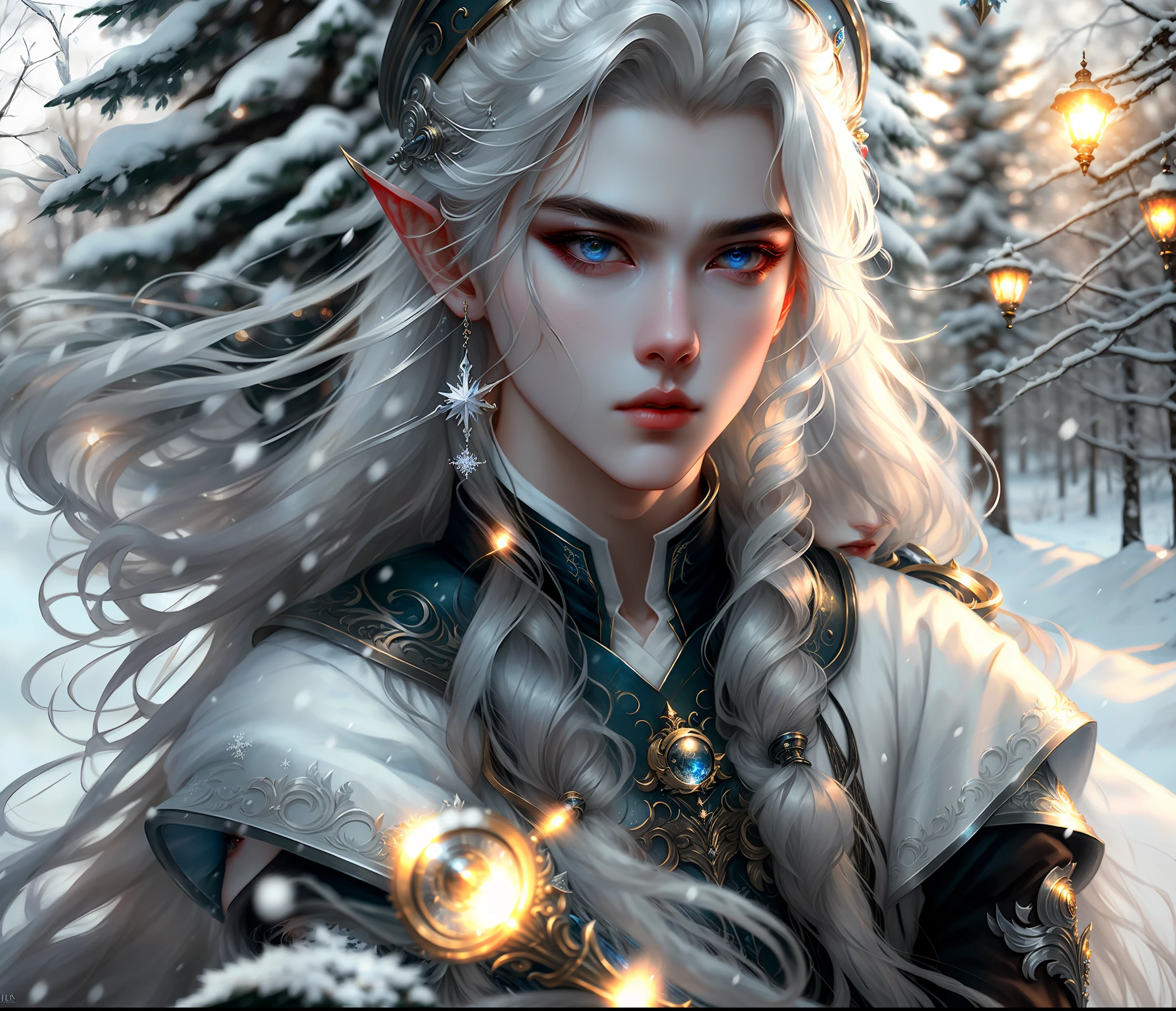stunning masterpiece, highest quality, (solo focus), (perfect beautiful face:1.1), (ultra high-detail:1.1), dramatic, a nightelf with beautiful pale skin and long silver hair, citrate eyes, solo, long hair, wearing a nuance post - apocalyptic uniform, monocle, pouty full lips, stern gaze, snow bokeh, light bloom, (arms behind back:1.2), cinematic lighting.