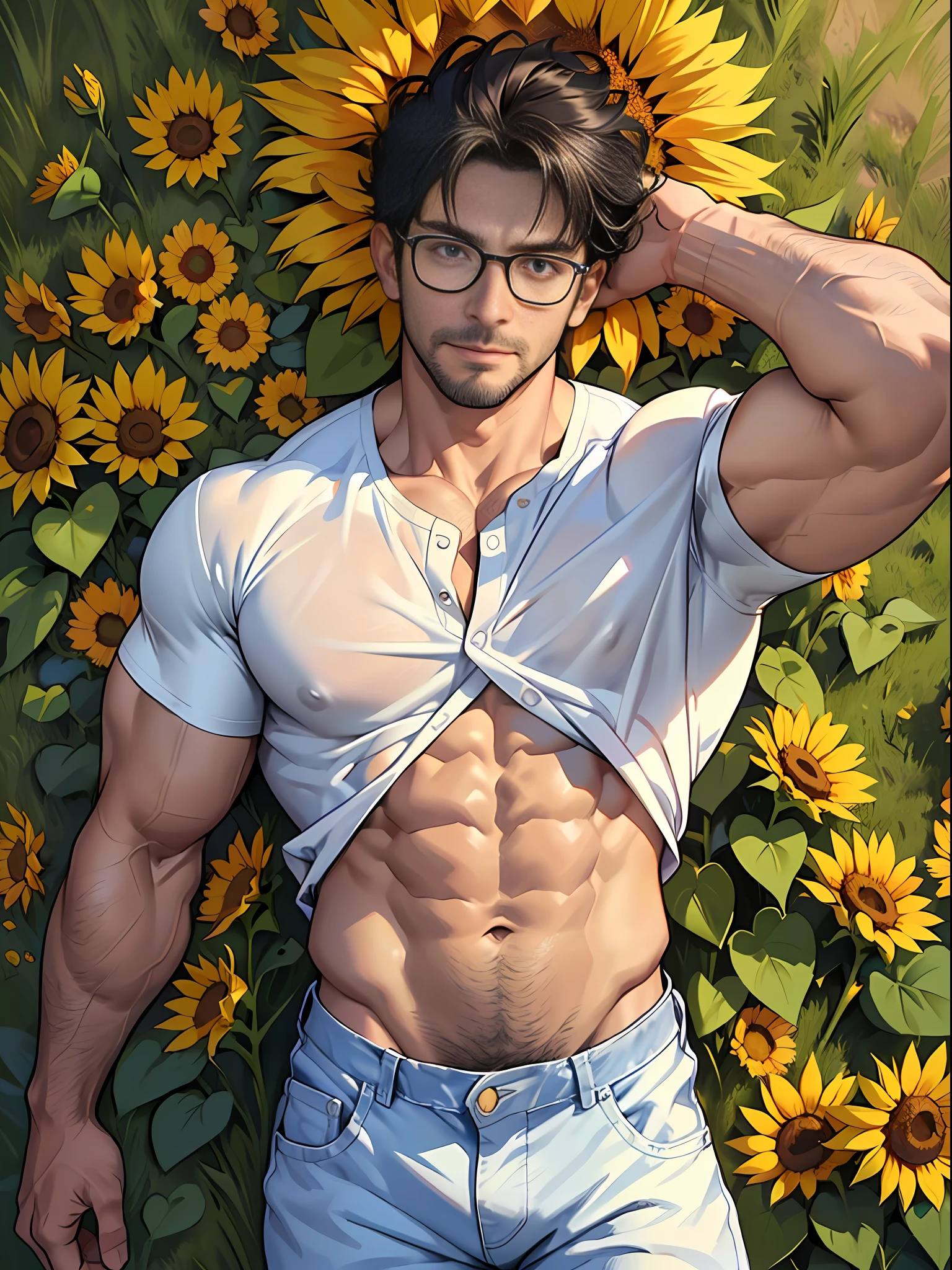 30 years old, big eyes, Chinese male, stubble, white inch, huge muscles, exaggerated muscles, mature man, muscle swelling, bodybuilding, pectoral muscles, abs, in a field of sunflower flowers, plenty of sunflowers, wearing white shirt, open shirt, jeans, sneakers, natural light, wheat-colored skin, 1man, metal glasses, standing