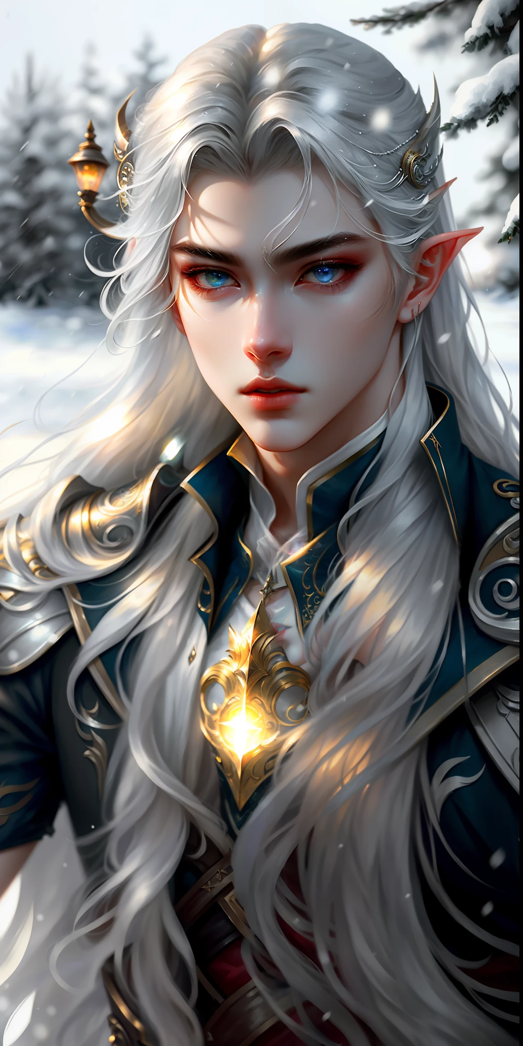 stunning masterpiece, highest quality, (solo focus), (perfect beautiful face:1.1), (ultra high-detail:1.1), dramatic, a nightelf with beautiful pale skin and long silver hair, citrate eyes, solo, long hair, wearing a nuance post - apocalyptic uniform, monocle, pouty full lips, stern gaze, snow bokeh, light bloom, (arms behind back:1.2), cinematic lighting.
