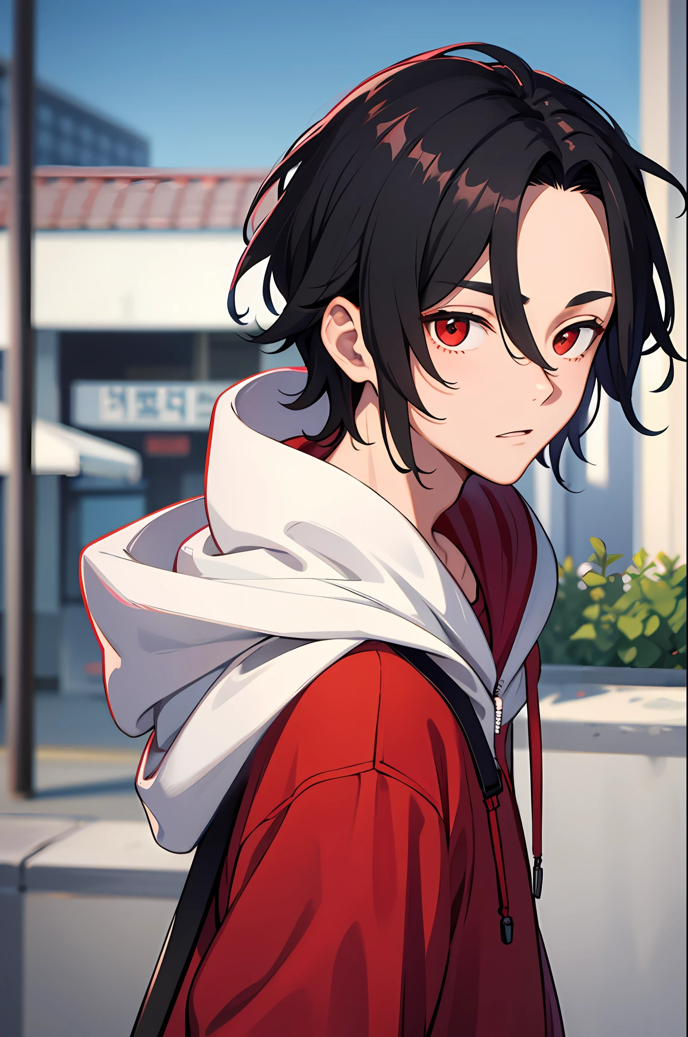 1 boy, handsome boy, black hair, coma hair, forehead coma hair, korean hair, street style, hoodie, shiny, red eyes, viewing viewer, upper body
