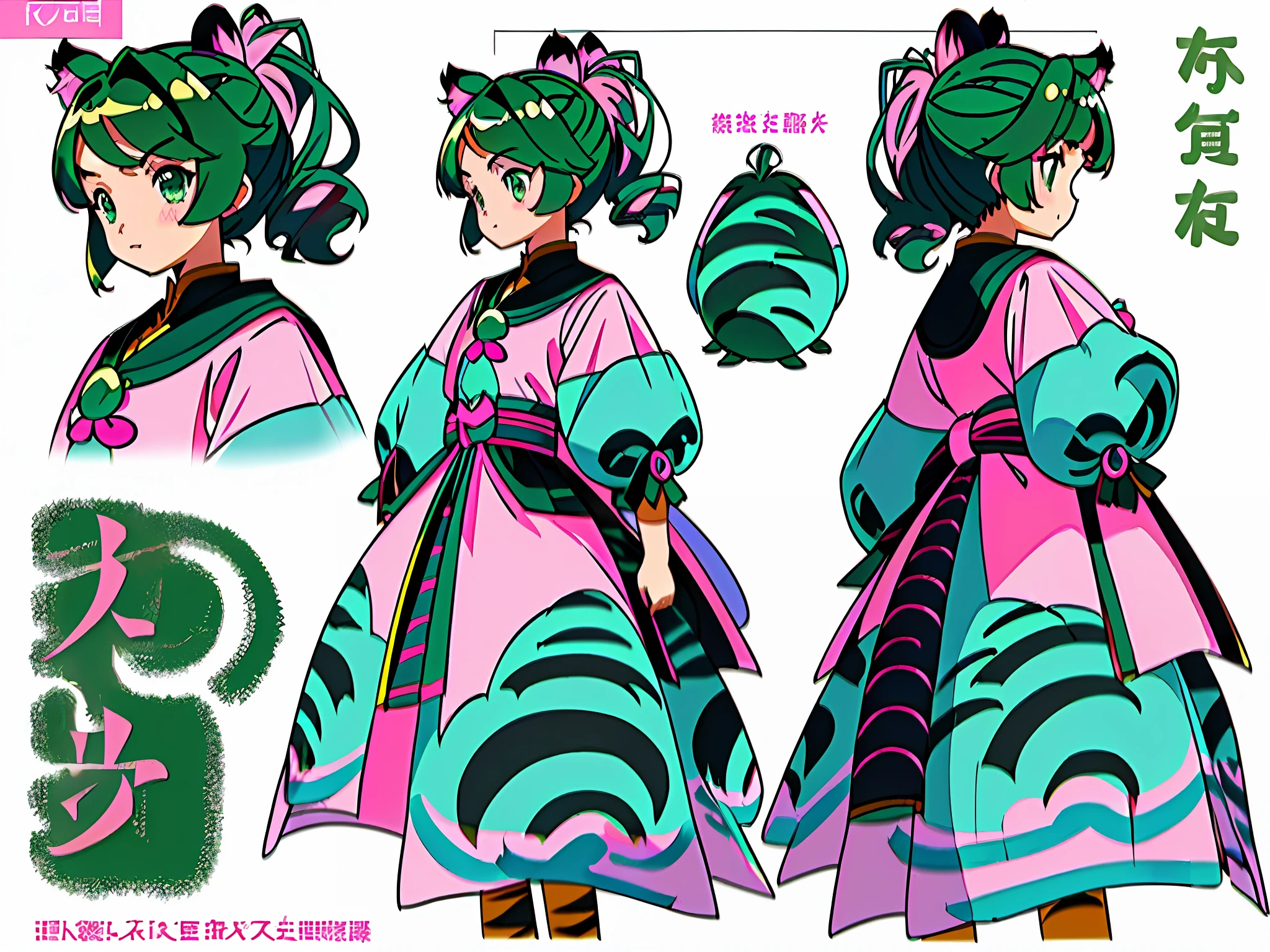 ((masterpiece)),(((best quality))),(character design sheet, same character, front, side, back), illustration, 1 girl, cute hair color, tiger ears, side bangs, hairstyle fax, green eyes, environment change scene, Hairstyle Fax, Pose Zitai, Female, Shirt, sun, Charturnbetalora, (simple background, white background: 1.3) ((pink))