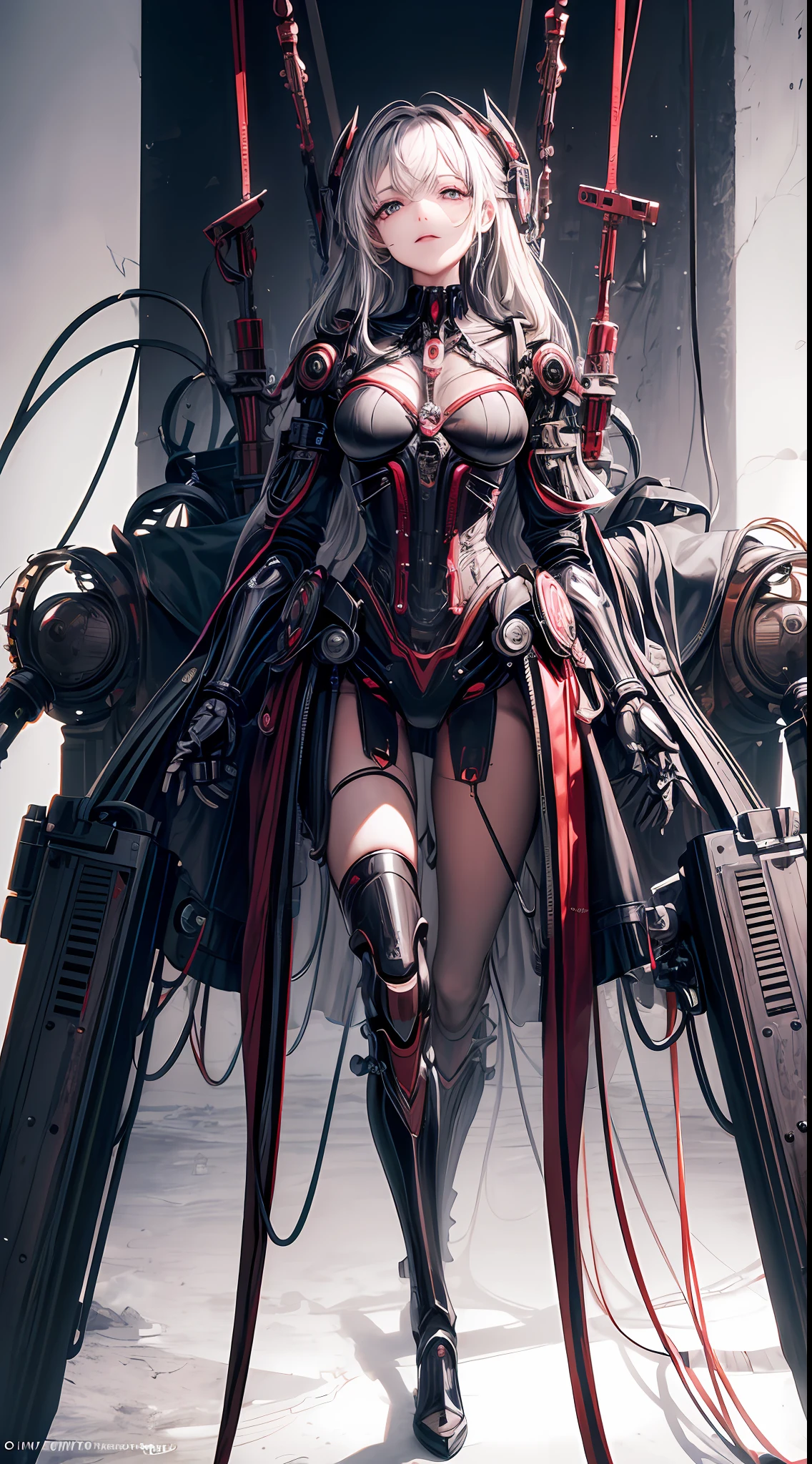 (((Masterpiece))), ((Best Quality)), (Super Detail), (CG Illustration), (Very Evil and Beautiful)), Cinematic Light, ((1 Mechanical Girl)), Single, (Mechanical Art: 1.4), ((Mechanical limb)), (Blood vessel attached to a tube), ((Mechanical spine attached to the back)), ((Mechanical cervical vertebrae attached to the neck), (Back to the viewer)), expressionless, ( Wires and cables attached to the head and body: 1.5), Science Fiction, Apocalypse, Ruins, (Lower Body Integrated with Mechanical Devices), (Blood: 1.5), Cruelty, Absurdity, Eroglotesque, Fusion with Machines, Doomsday Time, Super Future, Inorganic, Laboratory, Restraint, (Beautiful Indulgence: 1.2), (1 Girl: 1.3)