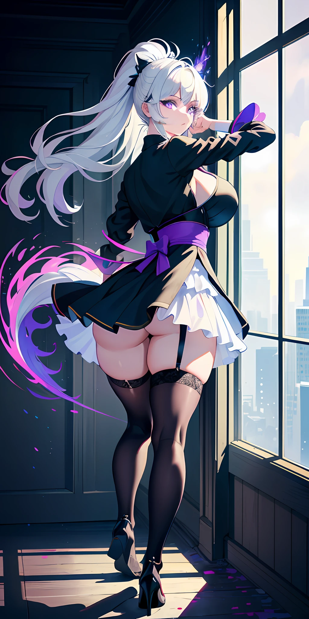 anime girl in a short skirt and black top standing in front of a window, anime barbie in white stockings, best anime 4k konachan wallpaper, commission for high res, 8k high quality detailed art, digital art on pixiv, 2 b, 2b, extremely detailed artgerm, beautiful anime girl squatting, [ 4 k digital art ]!!