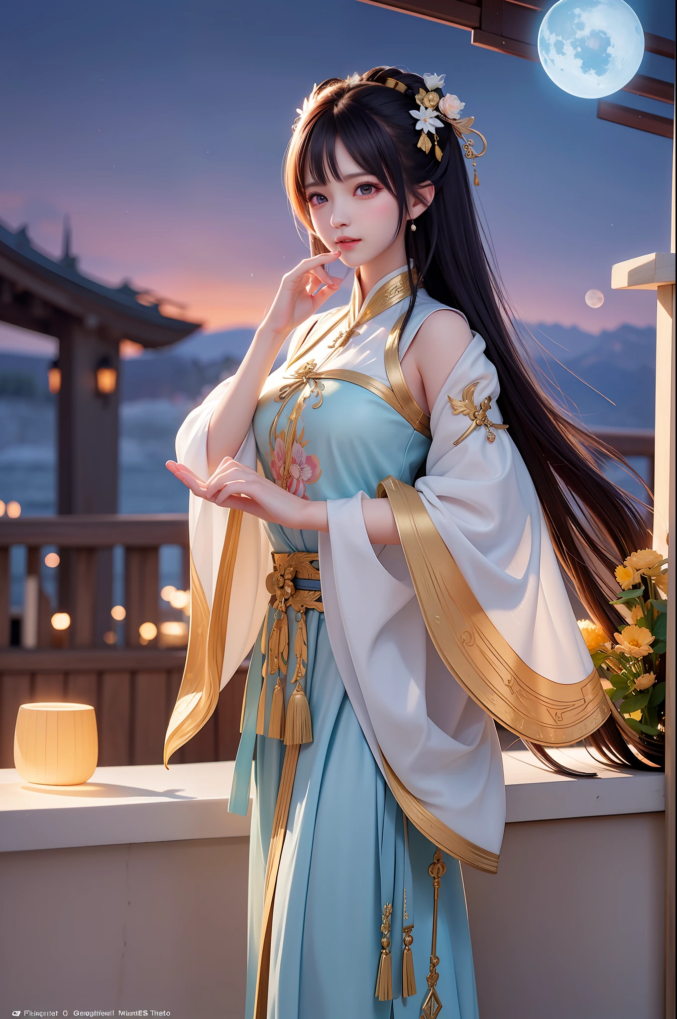 (8k, RAW photo:1.2), best quality, ultra high res,dramatic angle,(fluttered detailed color splashs), (illustration),(((1 girl))),(long hair),(rain:0.9), (头饰:1.4),少女身边有一座古宫,汉服,(重点),彩色水墨画,(泼彩),泼彩,(((colorful))),(素描:0.8) , Masterpiece, best quality, beautiful painted, highly detailed,(denoising:0.6),[splash ink],((ink refraction)), (beautiful detailed sky),moon,highly,detaild,(masterpiece, best quality, extremely detailed） CG unity 8k壁纸，杰作，最好的质量，超详细），（石蒜），