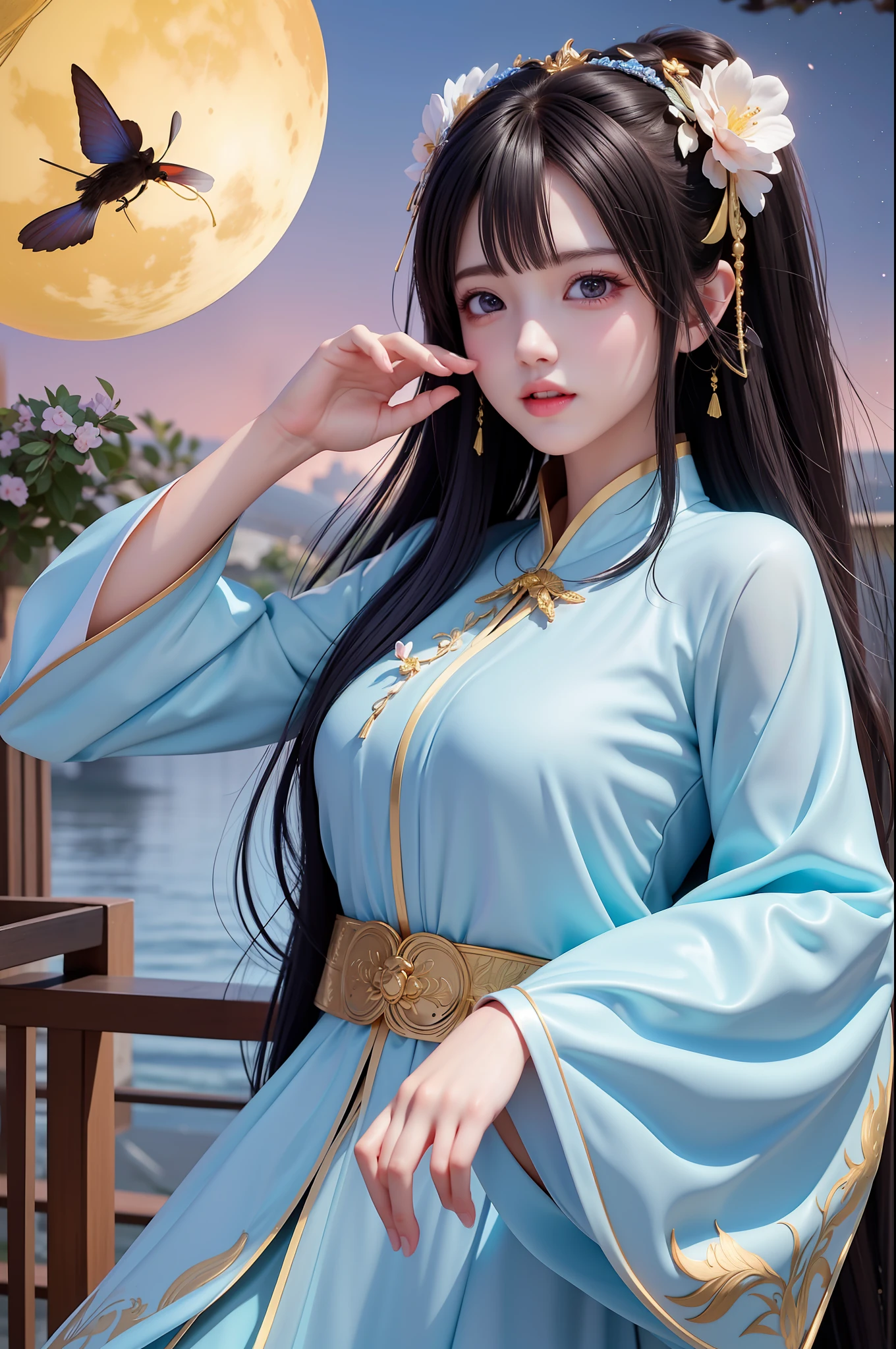 (8k, RAW photo:1.2), best quality, ultra high res,dramatic angle,(fluttered detailed color splashs), (illustration),(((1 girl))),(long hair),(rain:0.9), (头饰:1.4),少女身边有一座古宫,汉服,(重点),彩色水墨画,(泼彩),泼彩,(((colorful))),(素描:0.8) , Masterpiece, best quality, beautiful painted, highly detailed,(denoising:0.6),[splash ink],((ink refraction)), (beautiful detailed sky),moon,highly,detaild,(masterpiece, best quality, extremely detailed） CG unity 8k壁纸，杰作，最好的质量，超详细），（石蒜），