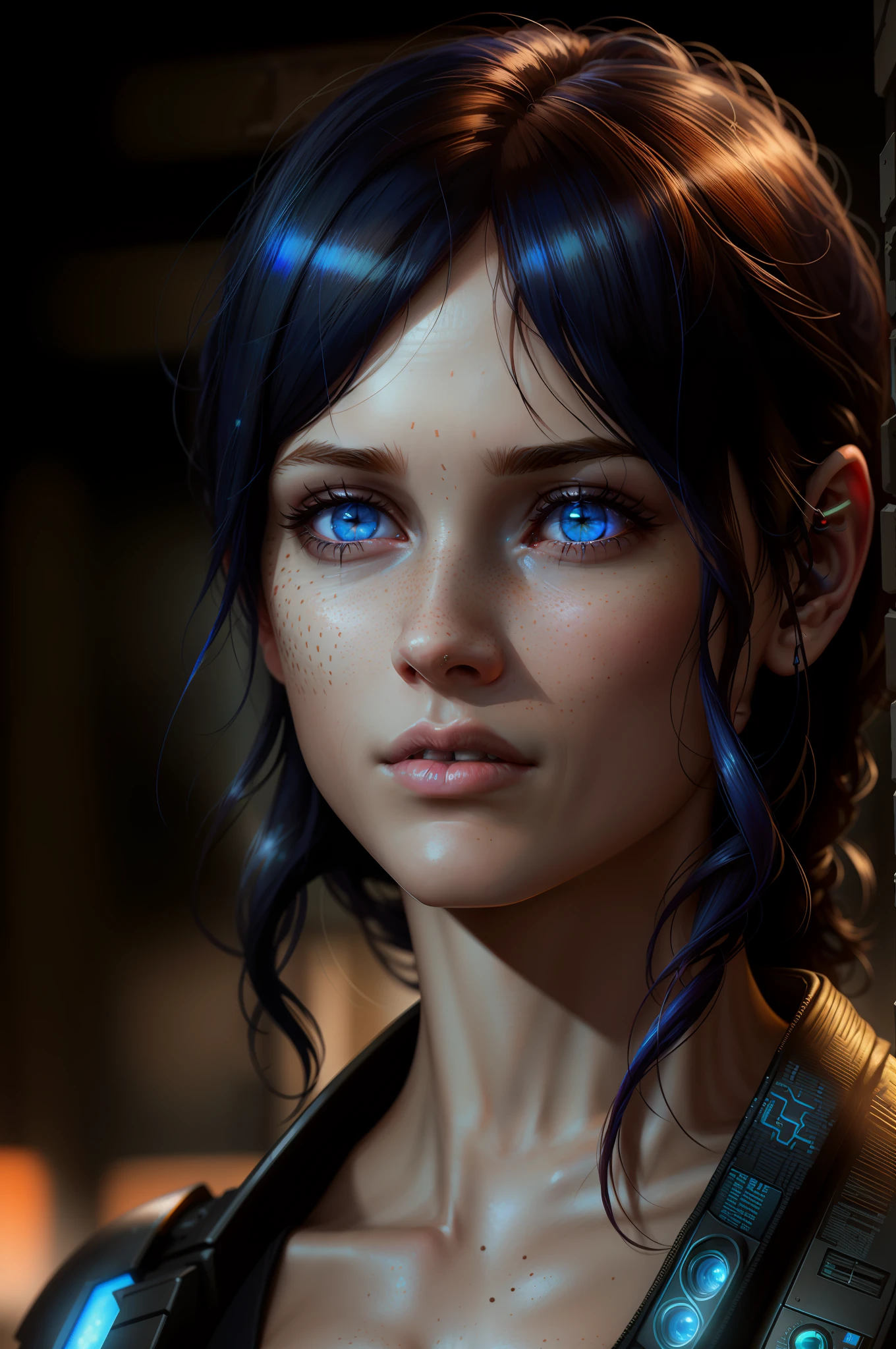 arafed woman with freckles and blue eyes standing in front of a wall, cinematic realistic portrait, 8k portrait render, realistic face moody lighting, cyberpunk art ultrarealistic 8k, hyper-realistic cyberpunk style, soft portrait shot 8 k, 8 k realistic digital art, cyberpunk style , hyperrealistic, realistic digital art 4k, realistic digital art 4 k