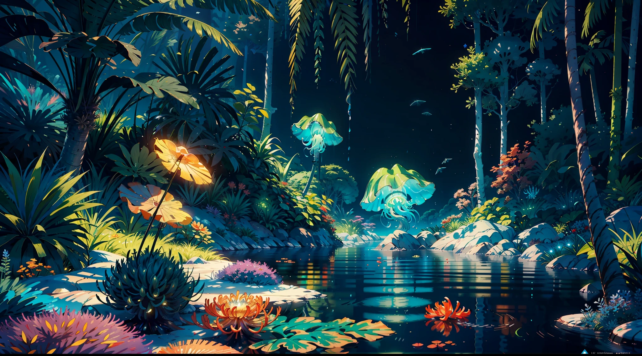 Masterpiece, best quality, (very detailed CG unity 8k wallpapers), (best quality), (best illustrations), (best shadows), marine theme with natural elements. Tall mangroves, rich marine plants, glowing jellyfish, surrounded by schools of fish, glowing particle effects,, (marine plants), (ocean theme), ((luminous algae)), (coral), ((glowing jellyfish )), ((Glow Creatures in Seawater)), ((Sea Fire)), (((Particle Effect))), Isometric 3D, Octane Rendering, Ray Tracing, Super Detailed --v6