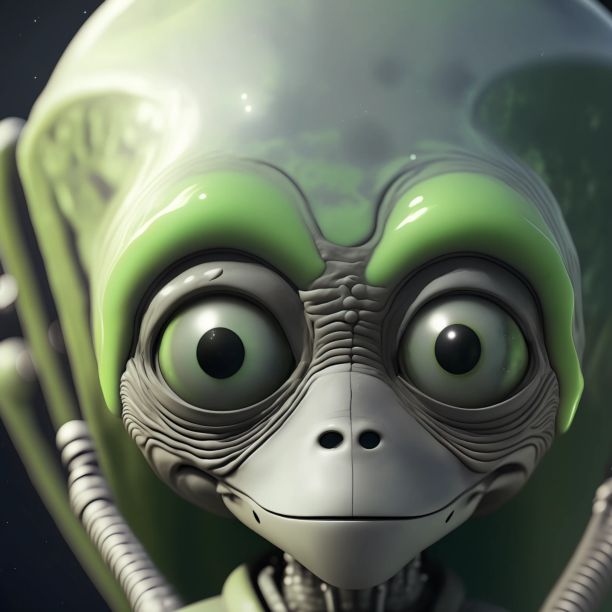 fking_scifi_v2, full body portrait of an alien, big eyes, smooth skin, slime, 80mm, f/1.8, dof, bokeh, depth of field, subsurface scattering, dithering (8k) background planets green,( ( aliens grey) humanoid