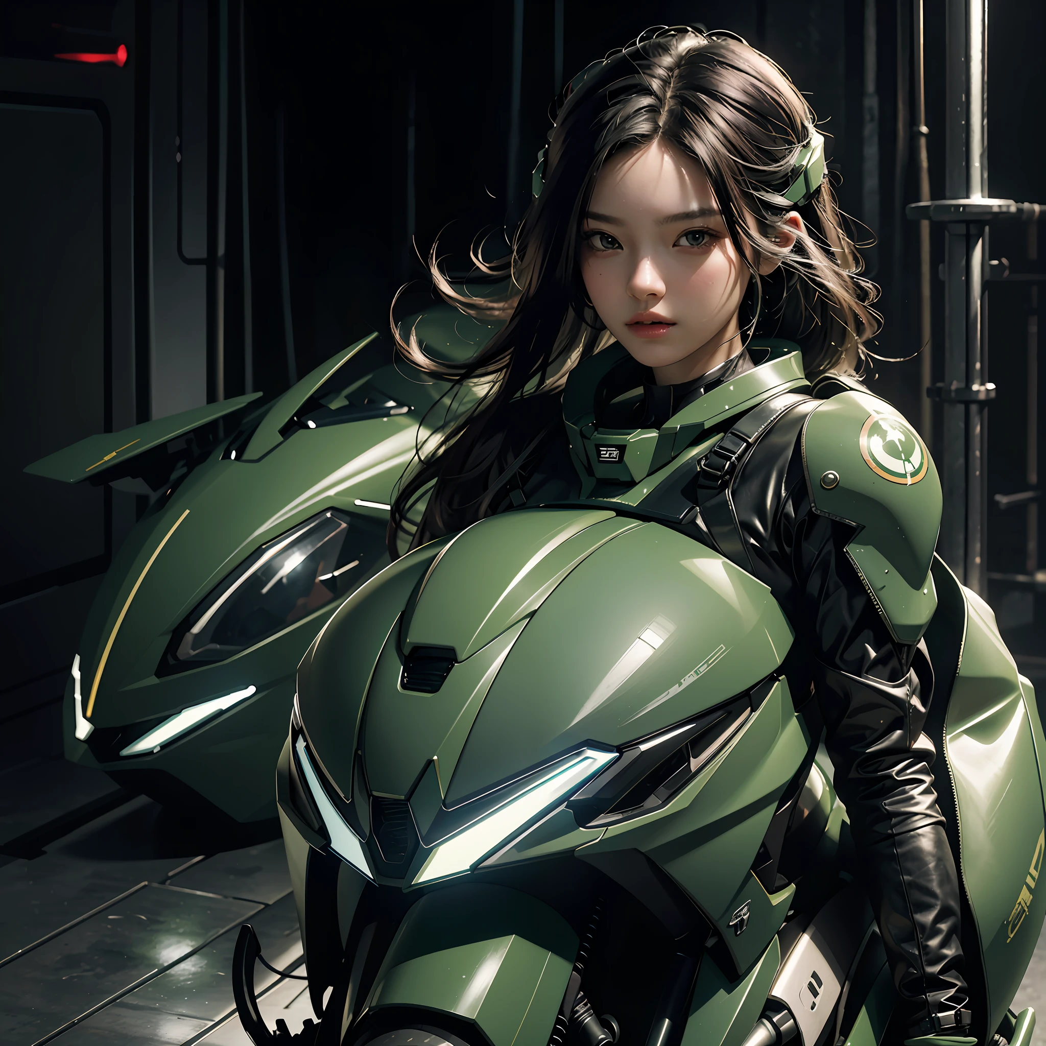 Highest image quality, outstanding details, ultra-high resolution, (realism: 1.4), the best illustration, favor details, highly condensed 1girl, with a delicate and beautiful face, dressed in a black and green mecha, wearing a mecha helmet, holding a directional controller, riding on a motorcycle, the background is a high-tech lighting scene of the future city.