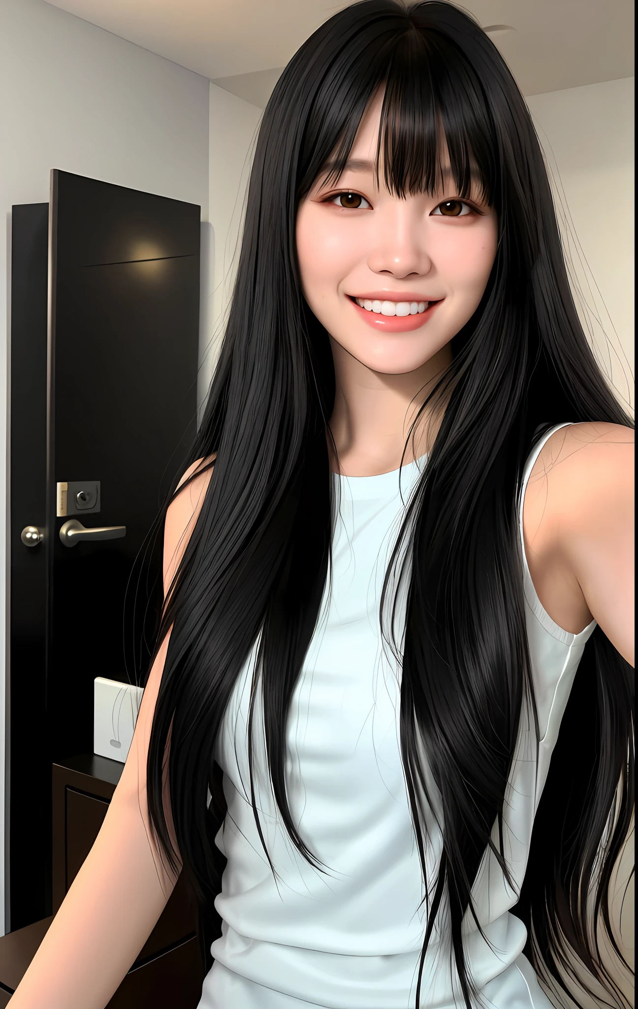 HD photorealistic image of a beautiful young woman with long black hair and bangs smiling for the camera, taking a selfie, high quality skin textures, depth