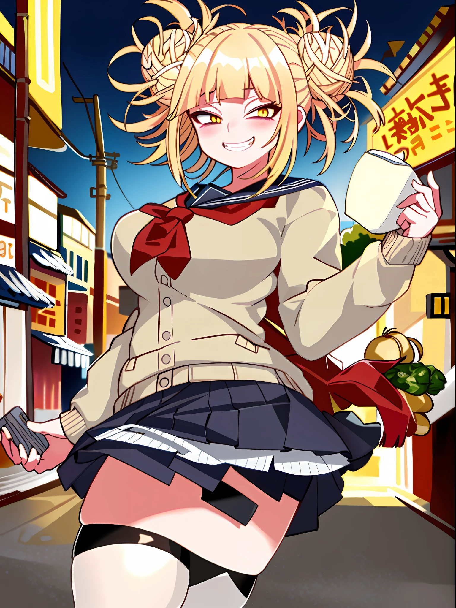 Masterpiece, best quality, 1girl, detailed face, toga himiko, yellow eyes, light from behind, super detailed, grocery store, (large breasts), cinematic lightning, happy, (close-up), looking at viewer, sano br, blonde hair, crazy smile, black panties, ass, wide hips, thighhighs, (skirt lift), low angle,