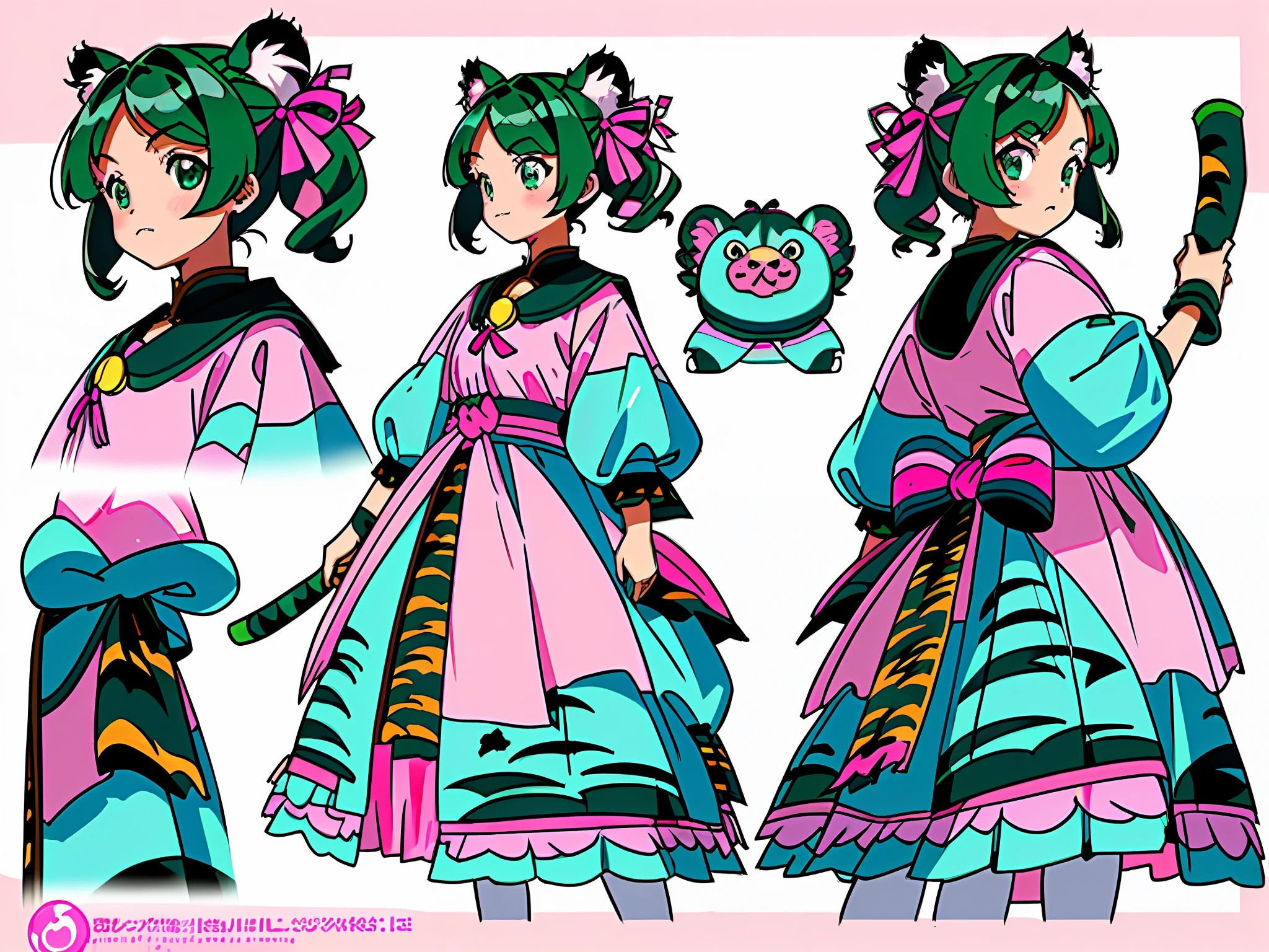 ((masterpiece)),(((best quality))),(character design sheet, same character, front, side, back), illustration, 1 girl, cute hair color, tiger ears, side bangs, hairstyle fax, green eyes, environment change scene, Hairstyle Fax, Pose Zitai, Female, Shirt, sun, Charturnbetalora, (simple background, white background: 1.3) ((pink))
