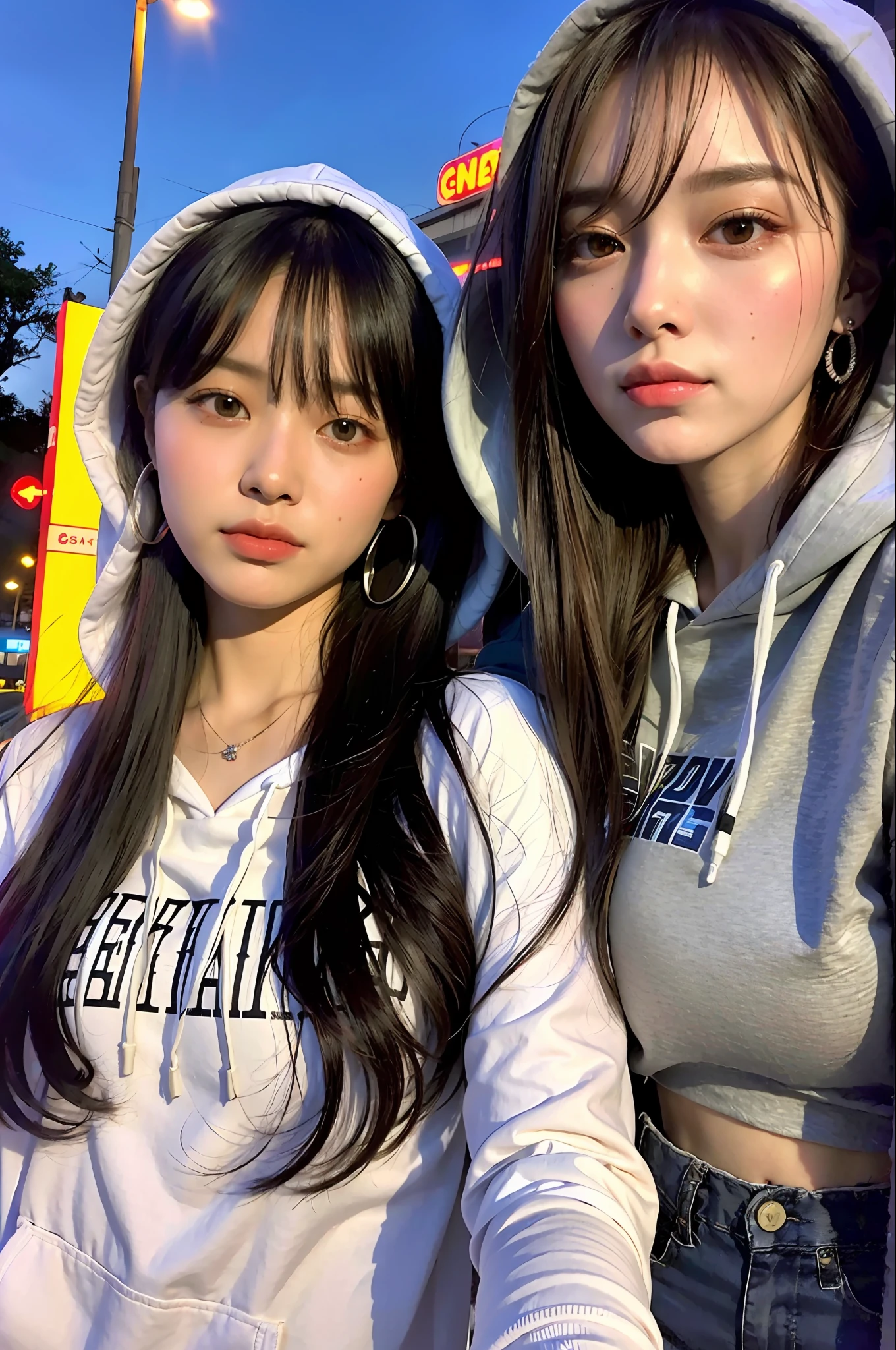 (8k, RAW photo, best quality, masterpiece:1.2), ultra detailed, ultra high res,
(realistic, photo realistic:1.37), high detail RAW color photo, professional photograph,
an extremely delicate and beautiful, extremely detailed, 8k wallpaper, Amazing, finely detail, huge file size, official art, extremely detailed CG unity 8k wallpaper,
extremely detailed beautiful girl, extremely detailed face, extremely detailed eyes, extremely detailed skin, extremely detailed fingers, extremely detailed nose, extremely detailed mouth, perfect ???????, highly detailed background, extremely detailed clothing,
1girl, (18 years old:1.2), teenage, cute girl, famous japanese idol, kawaii,
(small breasts:1.2), realistic body, petite,
fair skin, shiny skin, slender body, good figure,
black hair, long straight hair, (blunt bangs:1.2),
smile, cute, young, cute face, baby face, realistic face,
beautifully detailed eyes, drooping eyes, beautiful big eyes, large dark eyes, beautiful and clear eyes,
(hoodie:1.2), short sleeve, short pants, thigh, necklace, earrings,
looking at viewer, cowboy shot, front view, standing posture, contrapposto,
outdoors, (night:1.2), neon city, neon light, neon sign, public, crowd,
dynamic lighting,