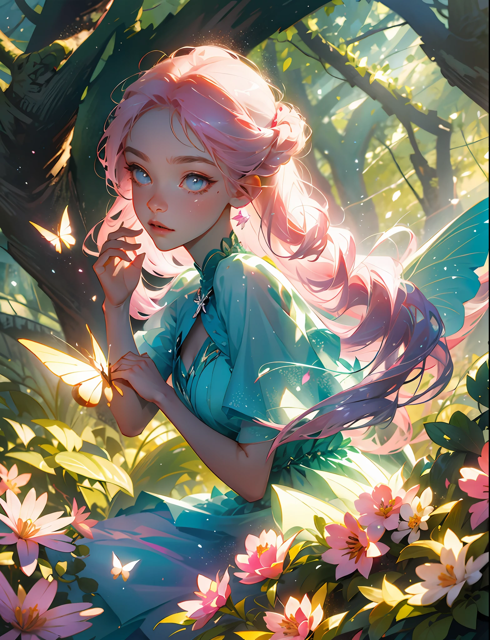 (Masterpiece, best quality), flower fairy, beautiful pose, particle effects, butterfly fluttering, pink and white color scheme, forest as background, facial details, wood accessories,